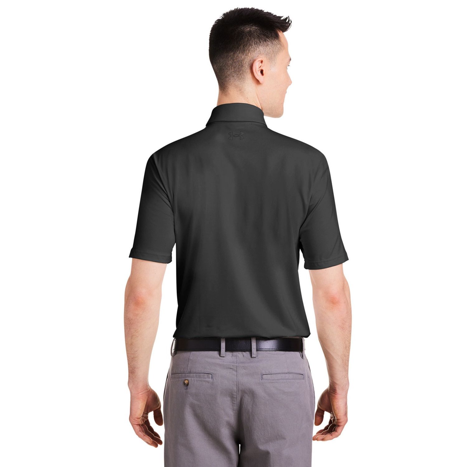 Black/White Under Armour Men’s Recycled Polo in a performance-style textured fabric, featuring a fuller fit, short sleeves, side-vent hem, contrast sleeve label, and center-back neck logo detail. Made from recycled polyester and elastane for a smooth, comfortable feel and moisture management.