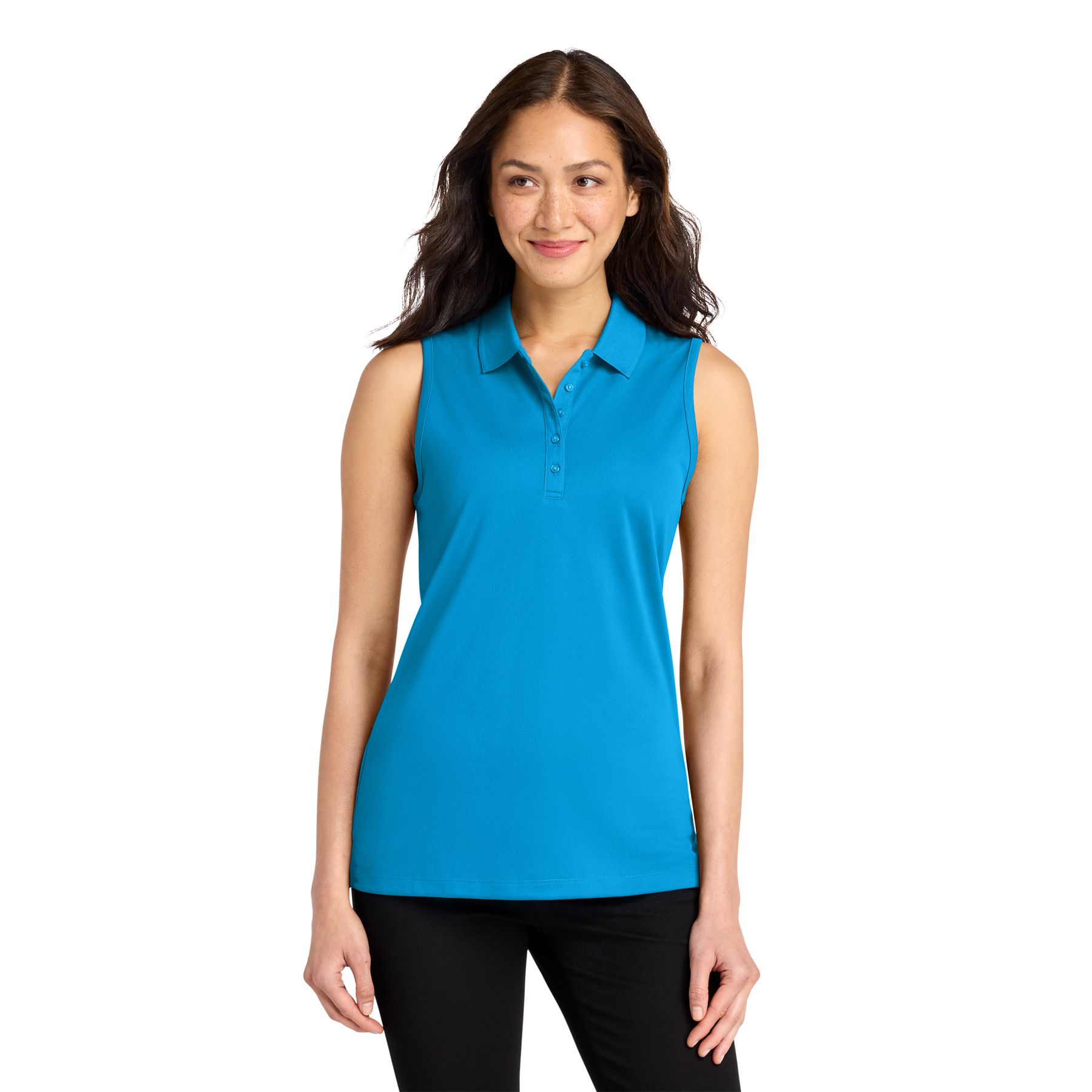 Coastal Blue women's sleeveless performance polo made from moisture-wicking polyester with UPF 30 protection, snag-resistant fabric, a flat knit collar, five-button placket, and side vents.