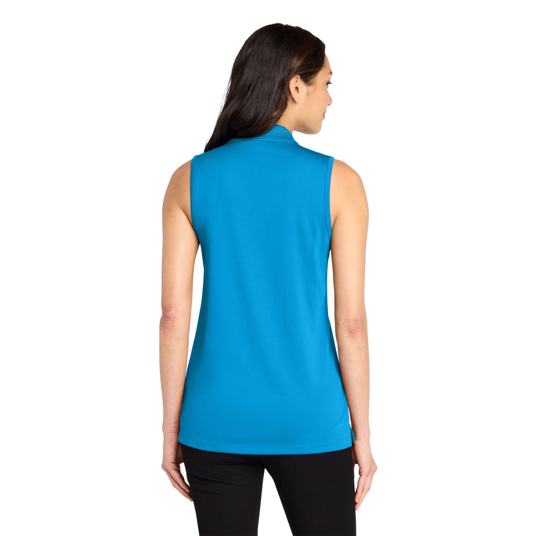Coastal Blue women's sleeveless performance polo made from moisture-wicking polyester with UPF 30 protection, snag-resistant fabric, a flat knit collar, five-button placket, and side vents.
