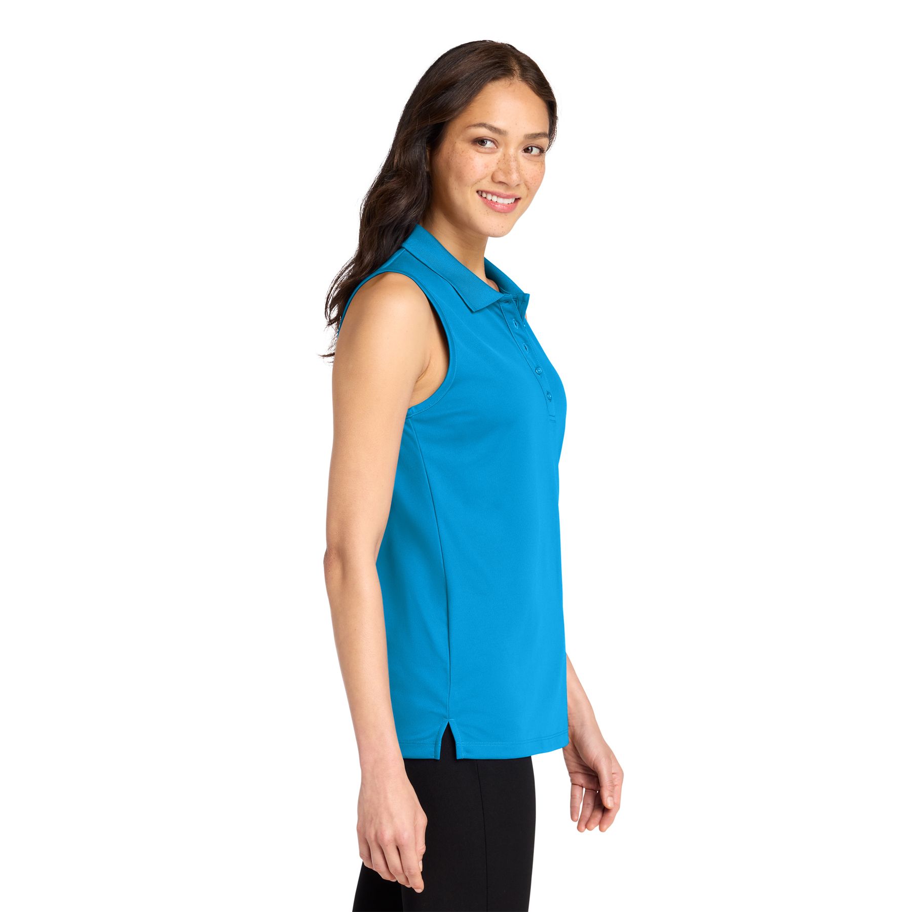 Coastal Blue women's sleeveless performance polo made from moisture-wicking polyester with UPF 30 protection, snag-resistant fabric, a flat knit collar, five-button placket, and side vents.