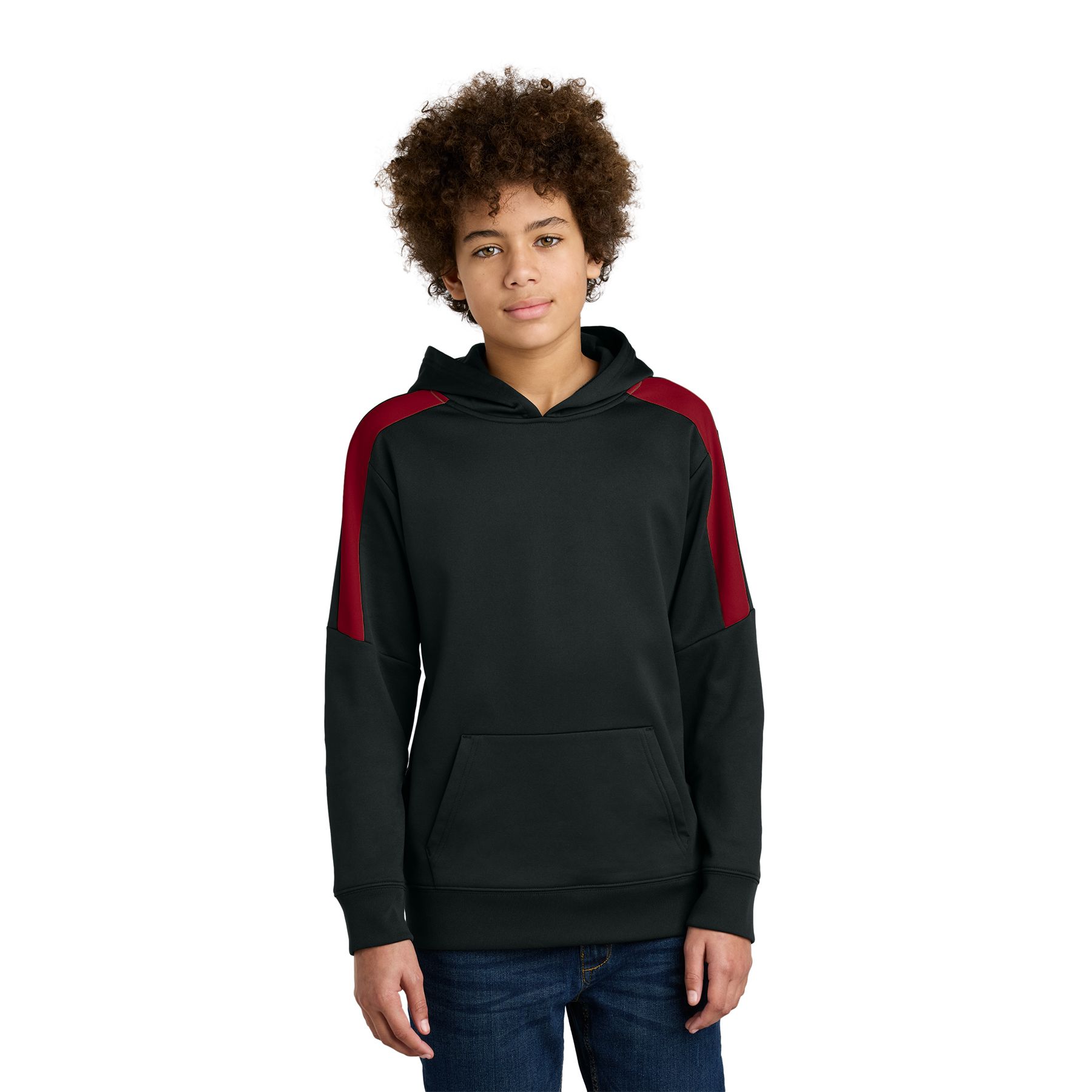 Sport-Tek Youth Sport-Wick® Fleece United Pullover Hoodie in a solid color, featuring a two-panel hood, front pouch pocket, self-fabric cuffs and hem, and a smooth polyester fleece construction designed for moisture-wicking comfort during sports and everyday wear.