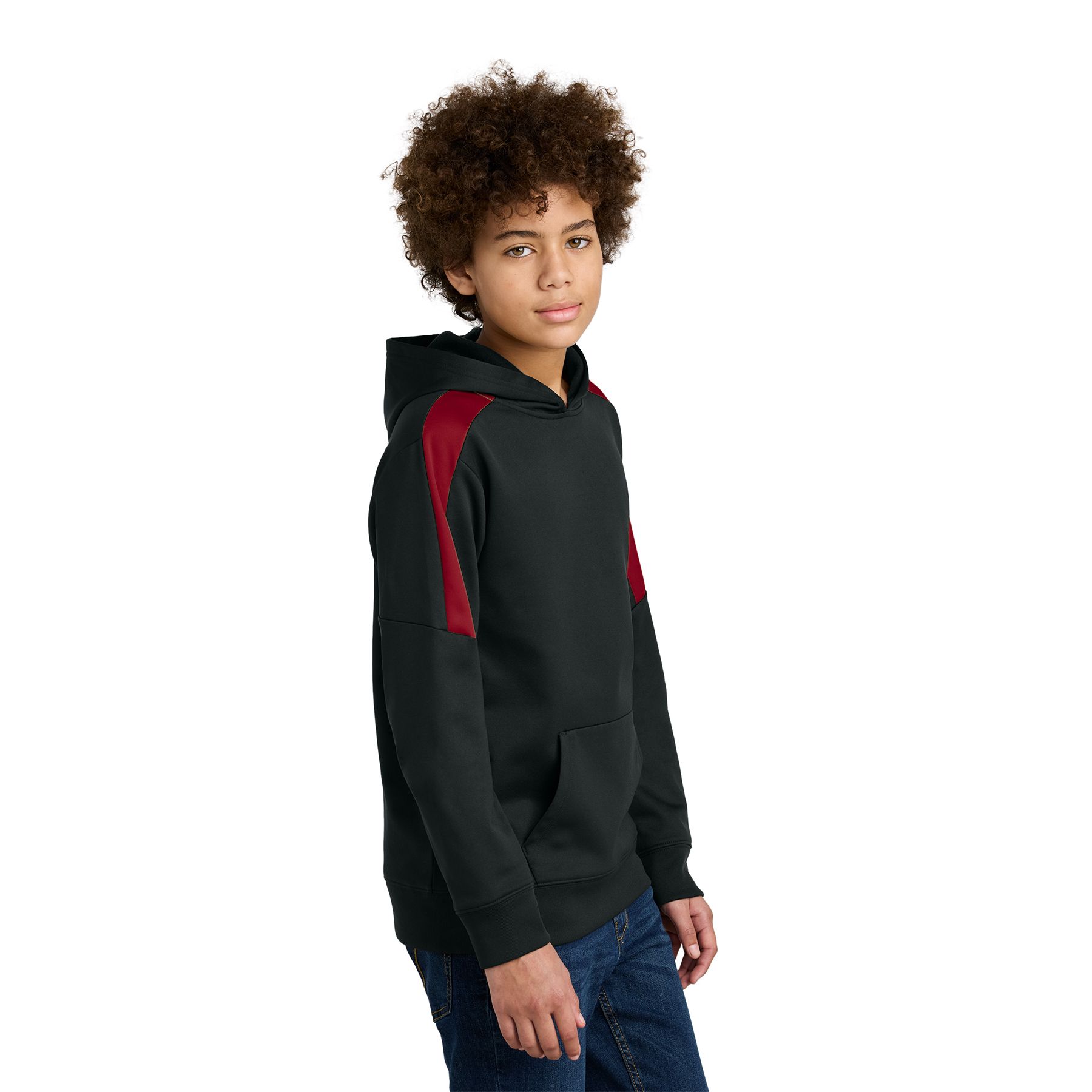Sport-Tek Youth Sport-Wick® Fleece United Pullover Hoodie in a solid color, featuring a two-panel hood, front pouch pocket, self-fabric cuffs and hem, and a smooth polyester fleece construction designed for moisture-wicking comfort during sports and everyday wear.