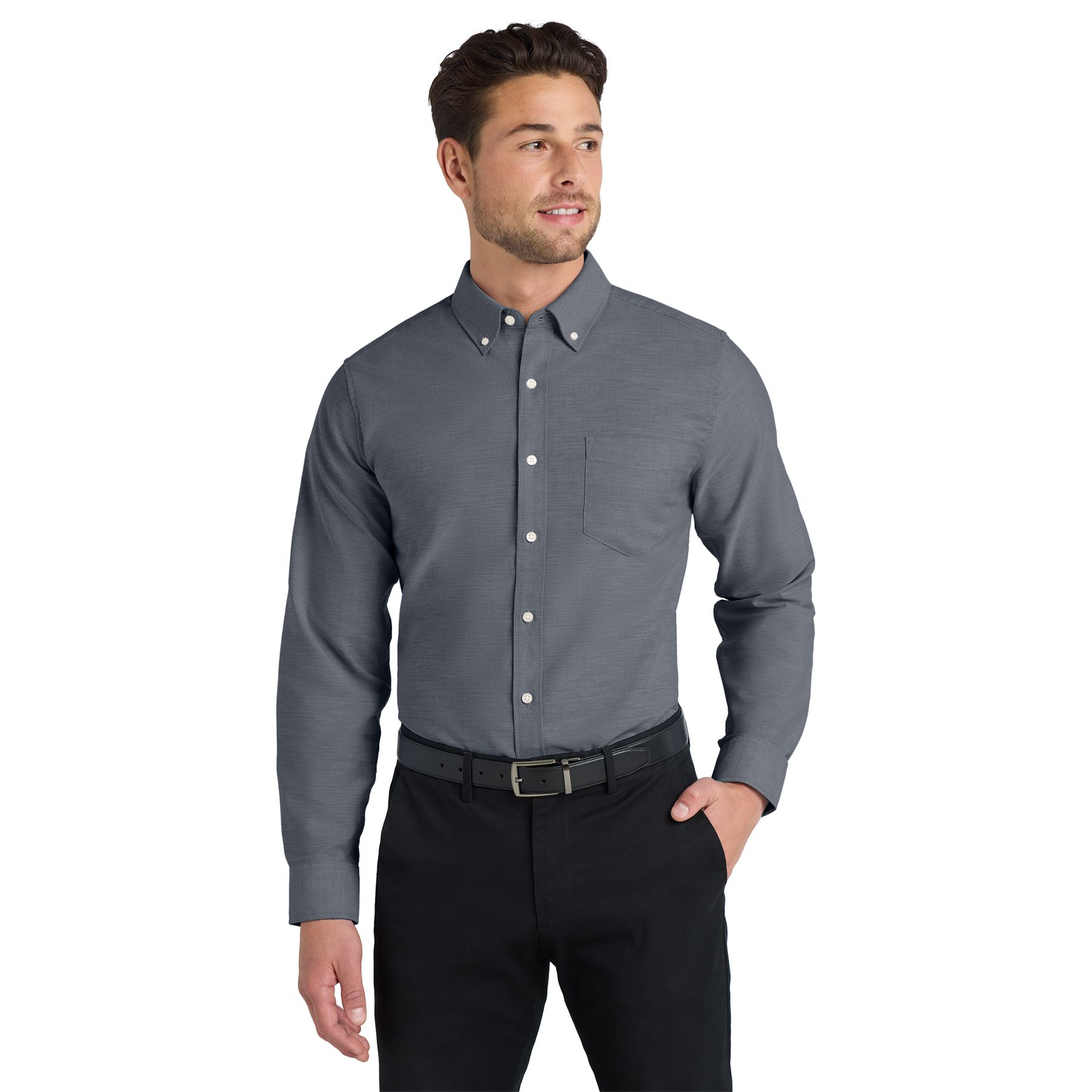 Black professional oxford shirt made from a 60/40 cotton-polyester blend with wrinkle-resistant, stain-release fabric, a button-down collar, left chest pocket, and adjustable cuffs.
