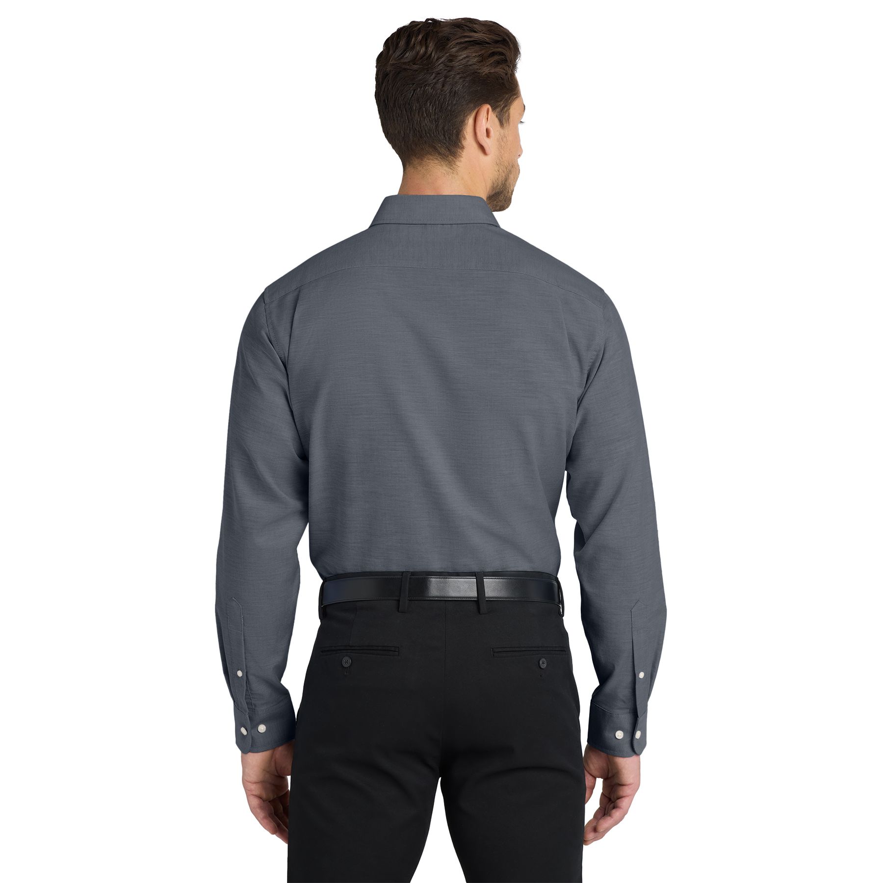 Black professional oxford shirt made from a 60/40 cotton-polyester blend with wrinkle-resistant, stain-release fabric, a button-down collar, left chest pocket, and adjustable cuffs.