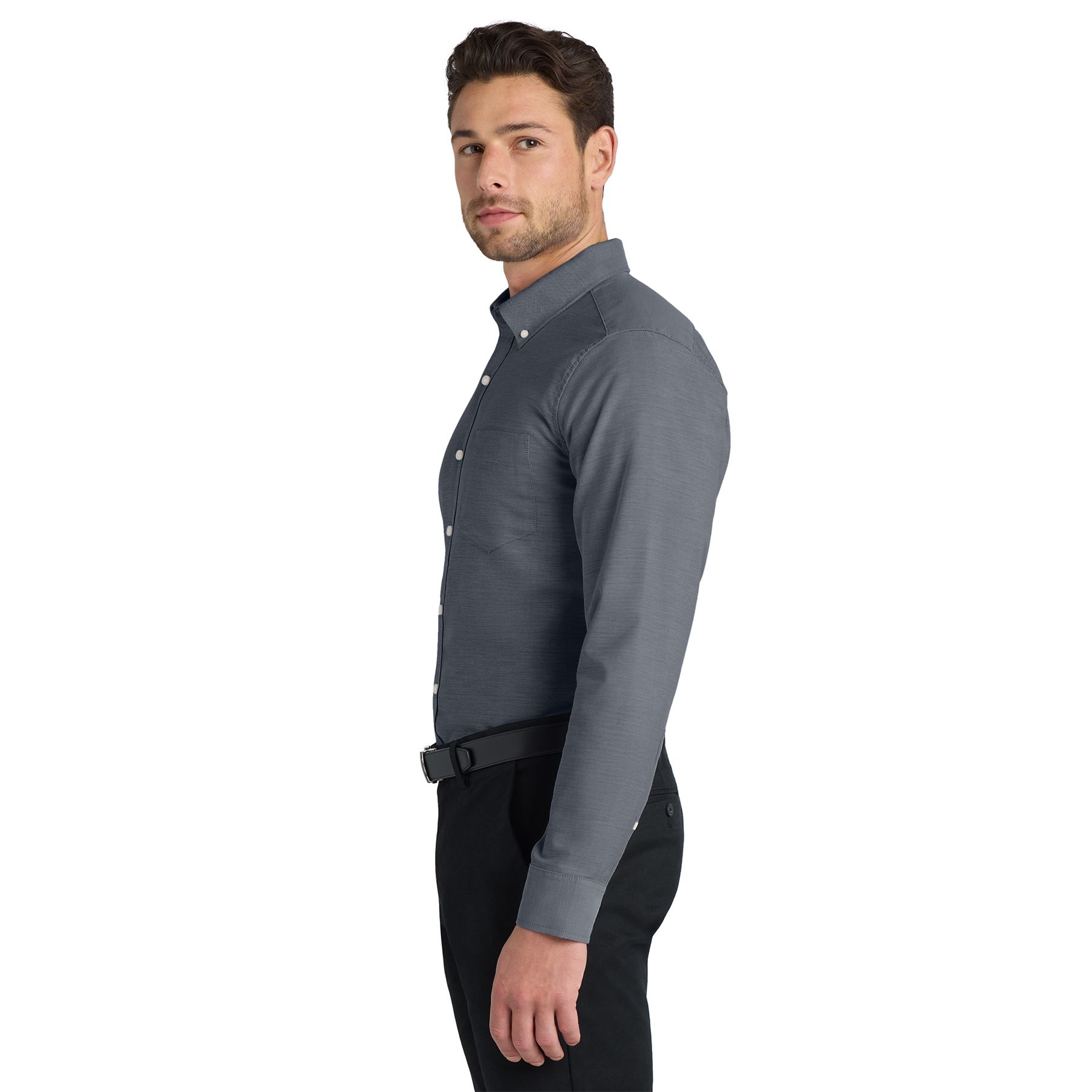 Black professional oxford shirt made from a 60/40 cotton-polyester blend with wrinkle-resistant, stain-release fabric, a button-down collar, left chest pocket, and adjustable cuffs.
