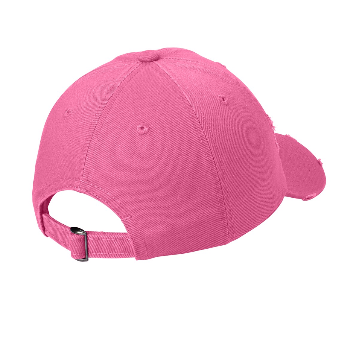 True Pink distressed cotton twill cap with an unstructured low-profile design, self-fabric hideaway strap, and metal D-ring slider closure.
