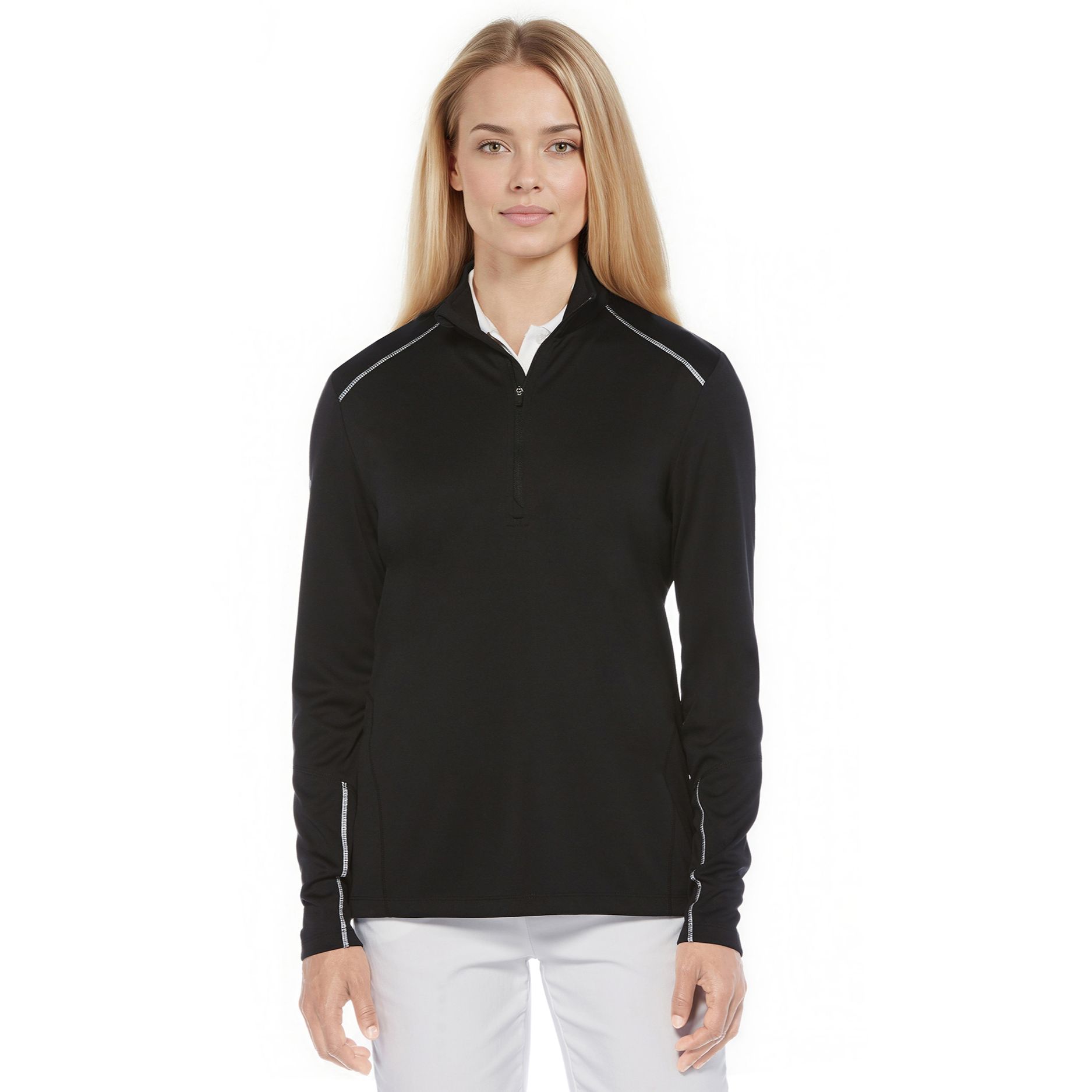 Black Callaway Women’s 1/4 Zip Water Repellent Pullover in a lightweight stretch fabric, featuring a quarter-zip front, contoured feminine stitching, reflective shoulder and forearm details, and a tonal zipper, designed for outdoor activities and protection from wind, light rain, and sun.