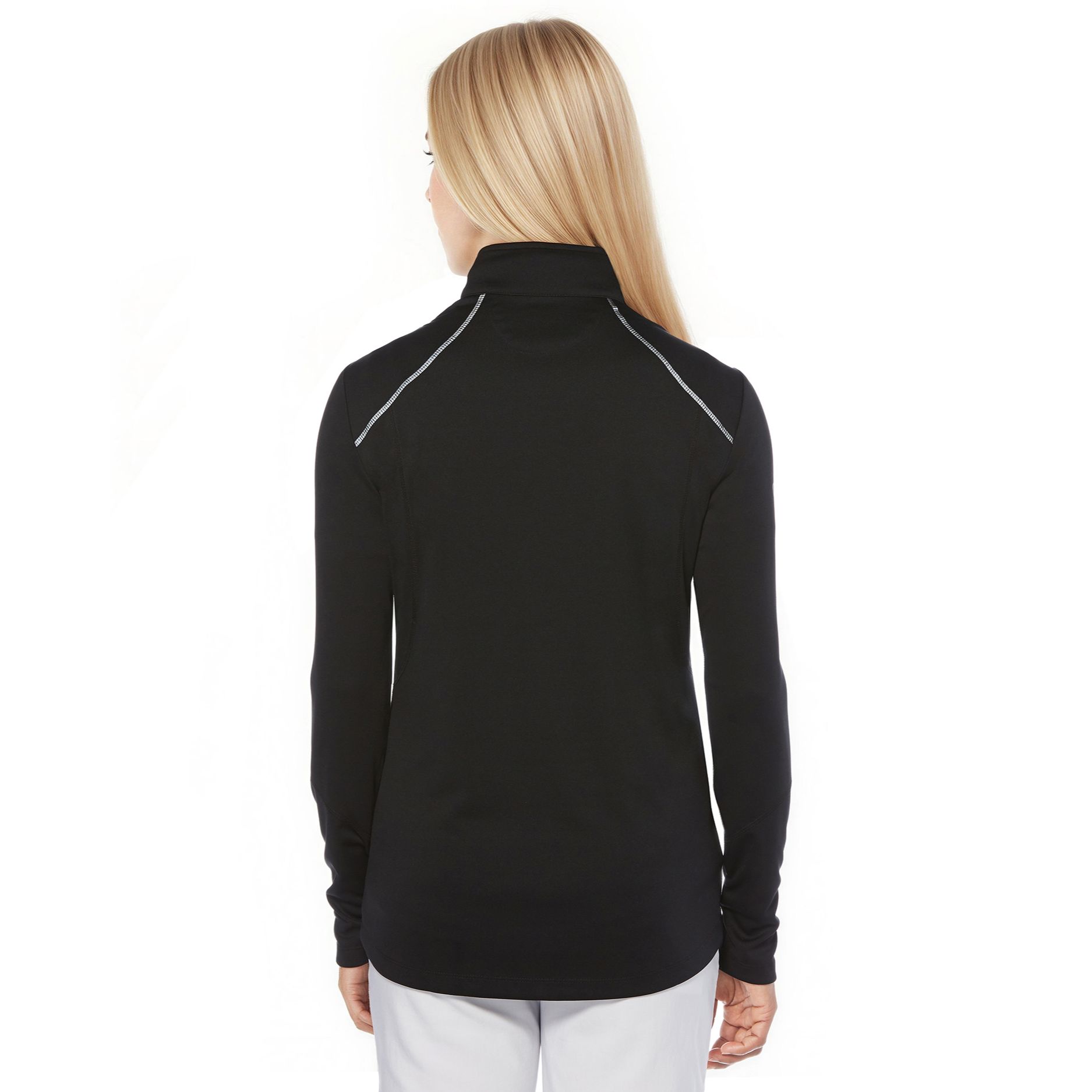 Black Callaway Women’s 1/4 Zip Water Repellent Pullover in a lightweight stretch fabric, featuring a quarter-zip front, contoured feminine stitching, reflective shoulder and forearm details, and a tonal zipper, designed for outdoor activities and protection from wind, light rain, and sun.