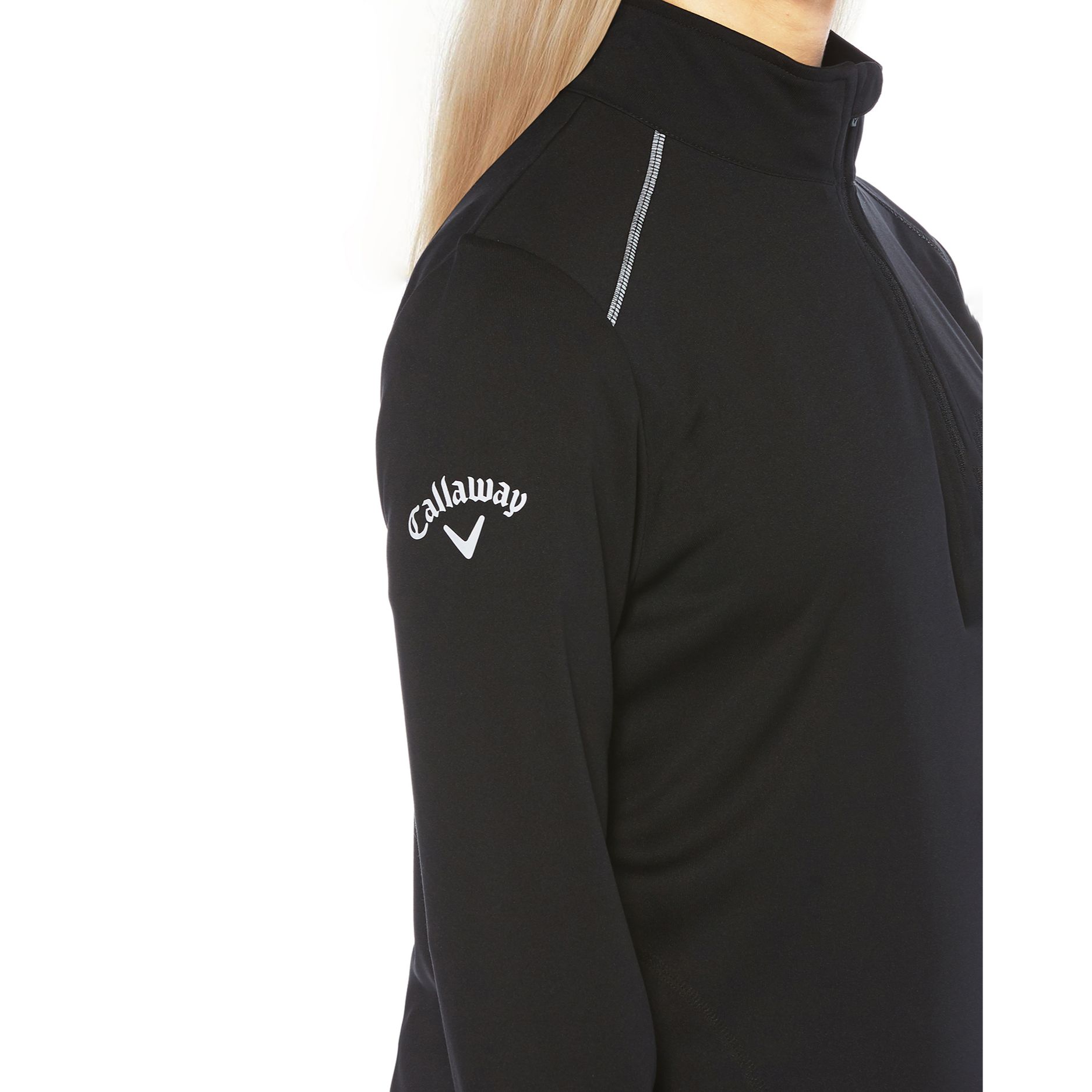 Black Callaway Women’s 1/4 Zip Water Repellent Pullover in a lightweight stretch fabric, featuring a quarter-zip front, contoured feminine stitching, reflective shoulder and forearm details, and a tonal zipper, designed for outdoor activities and protection from wind, light rain, and sun.