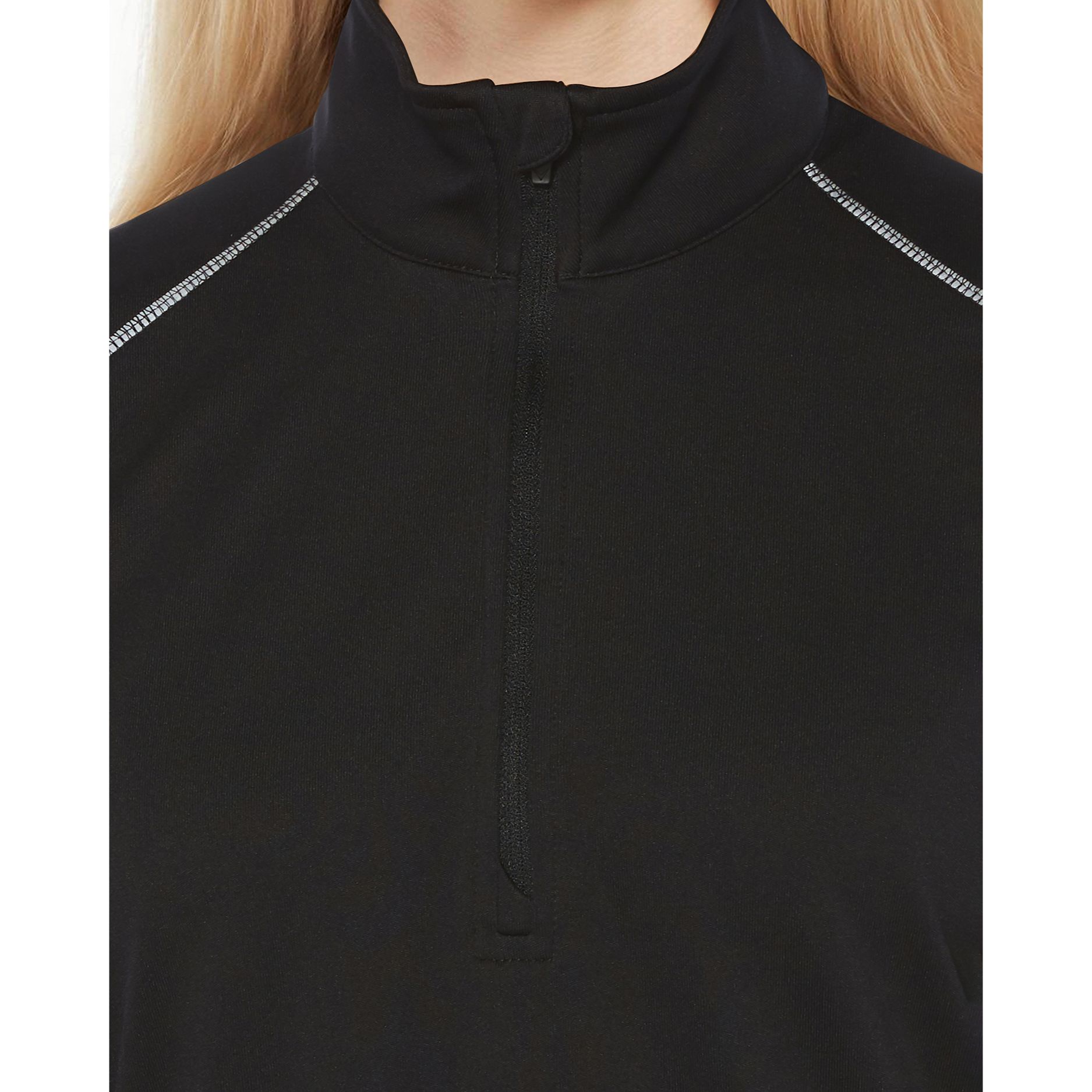 Black Callaway Women’s 1/4 Zip Water Repellent Pullover in a lightweight stretch fabric, featuring a quarter-zip front, contoured feminine stitching, reflective shoulder and forearm details, and a tonal zipper, designed for outdoor activities and protection from wind, light rain, and sun.