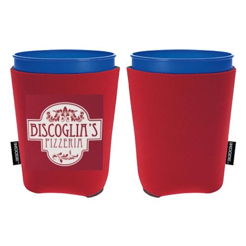 Red foam-backed cup cooler made from polyester with 3mm foam, designed to fit party cups, acrylic tumblers, and stadium cups while helping keep hands dry and drinks cooler.