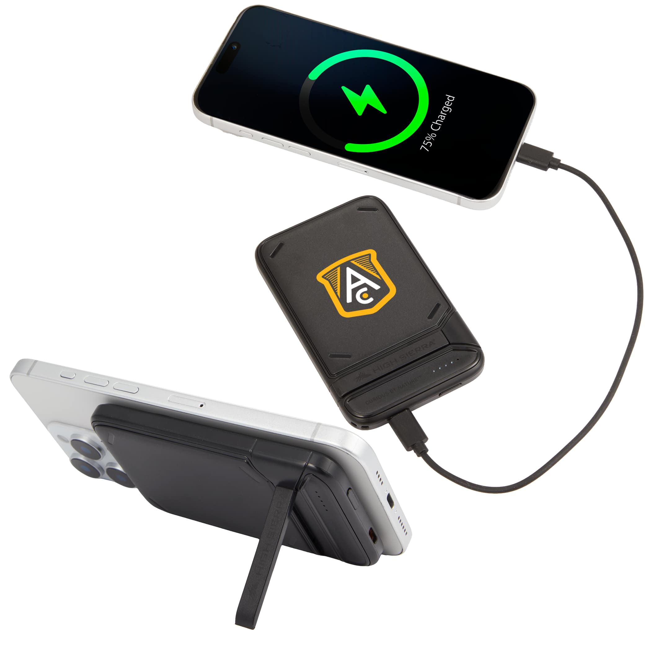 High Sierra MagStand 5,000 mAh Wireless Power Bank in black, featuring a slim design, MagSafe-compatible magnetic wireless charging, integrated kickstand, LED battery indicator, and USB-C port for portable phone charging.