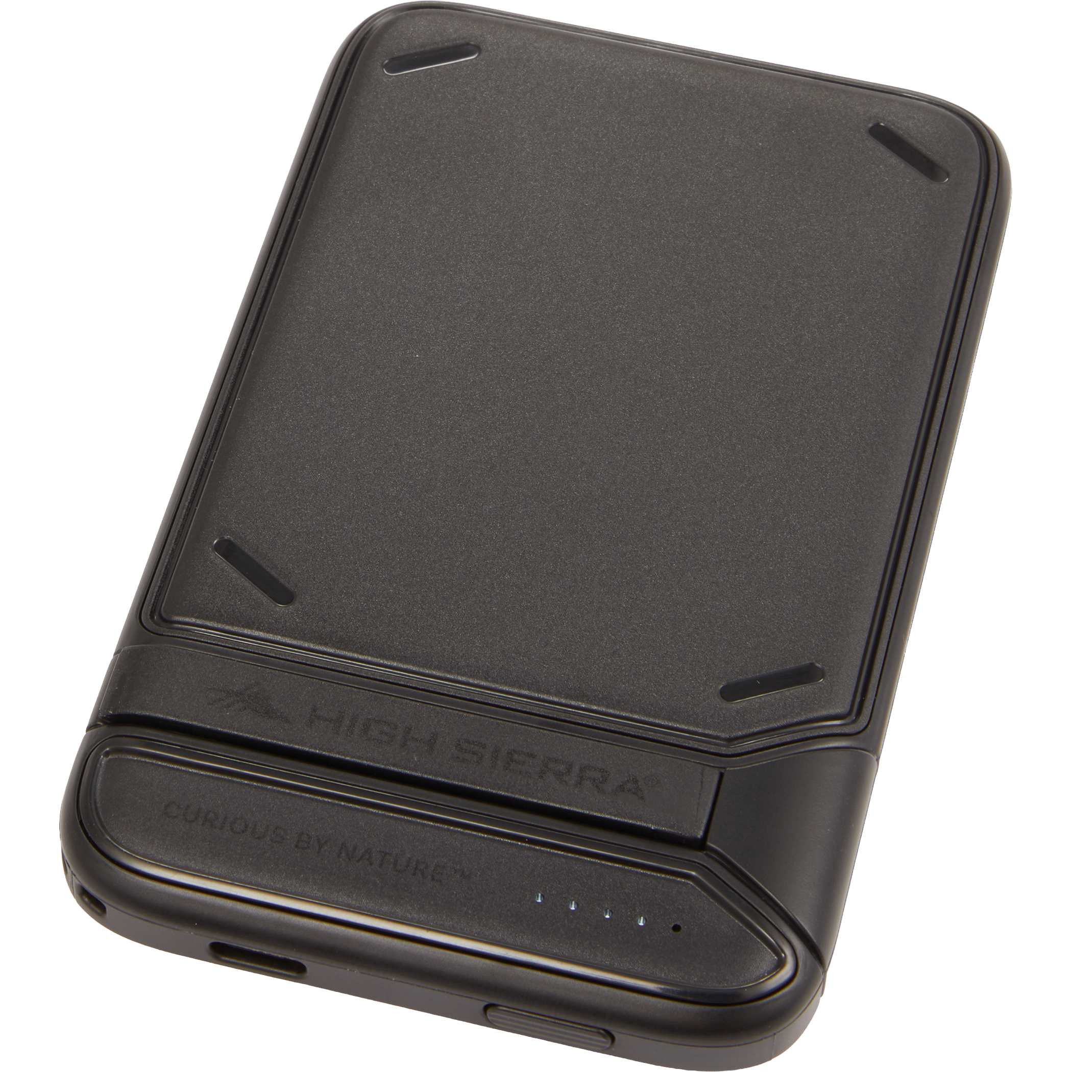 High Sierra MagStand 5,000 mAh Wireless Power Bank in black, featuring a slim design, MagSafe-compatible magnetic wireless charging, integrated kickstand, LED battery indicator, and USB-C port for portable phone charging.