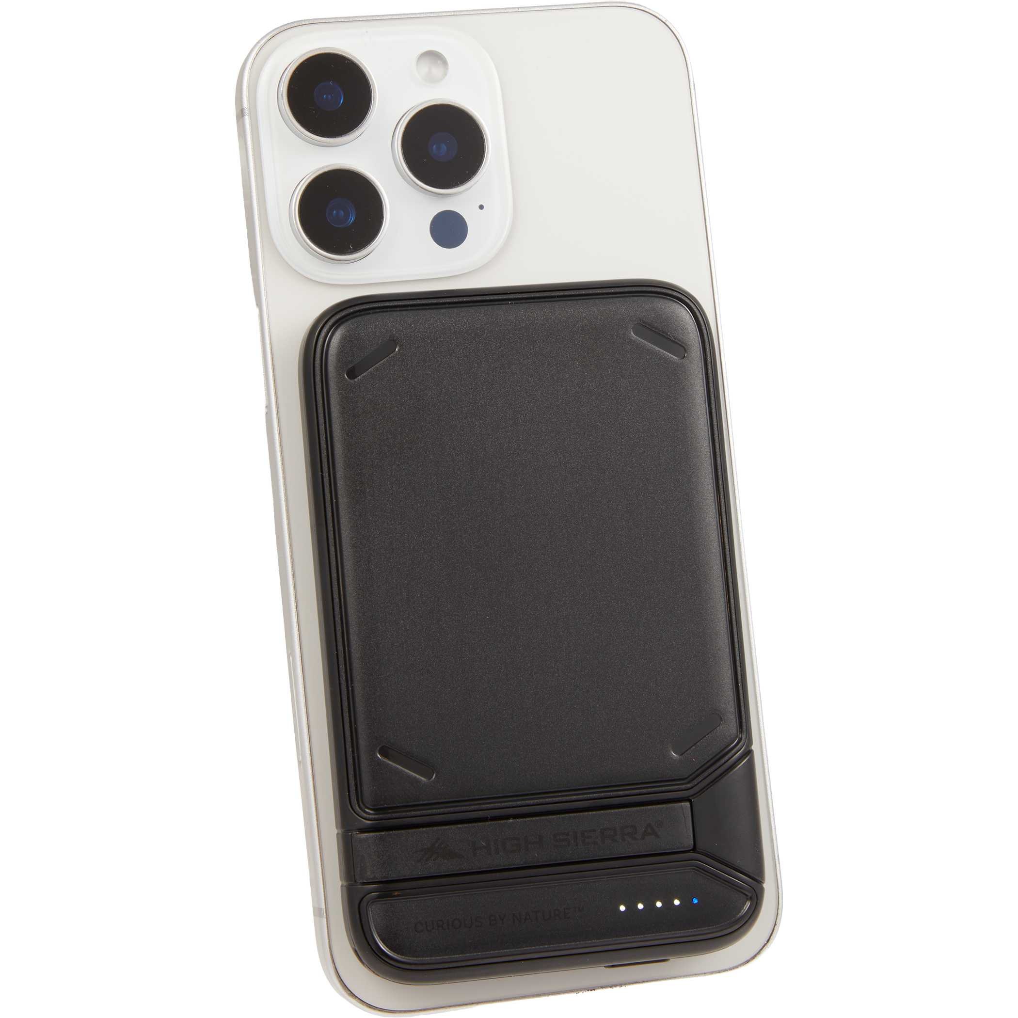 High Sierra MagStand 5,000 mAh Wireless Power Bank in black, featuring a slim design, MagSafe-compatible magnetic wireless charging, integrated kickstand, LED battery indicator, and USB-C port for portable phone charging.