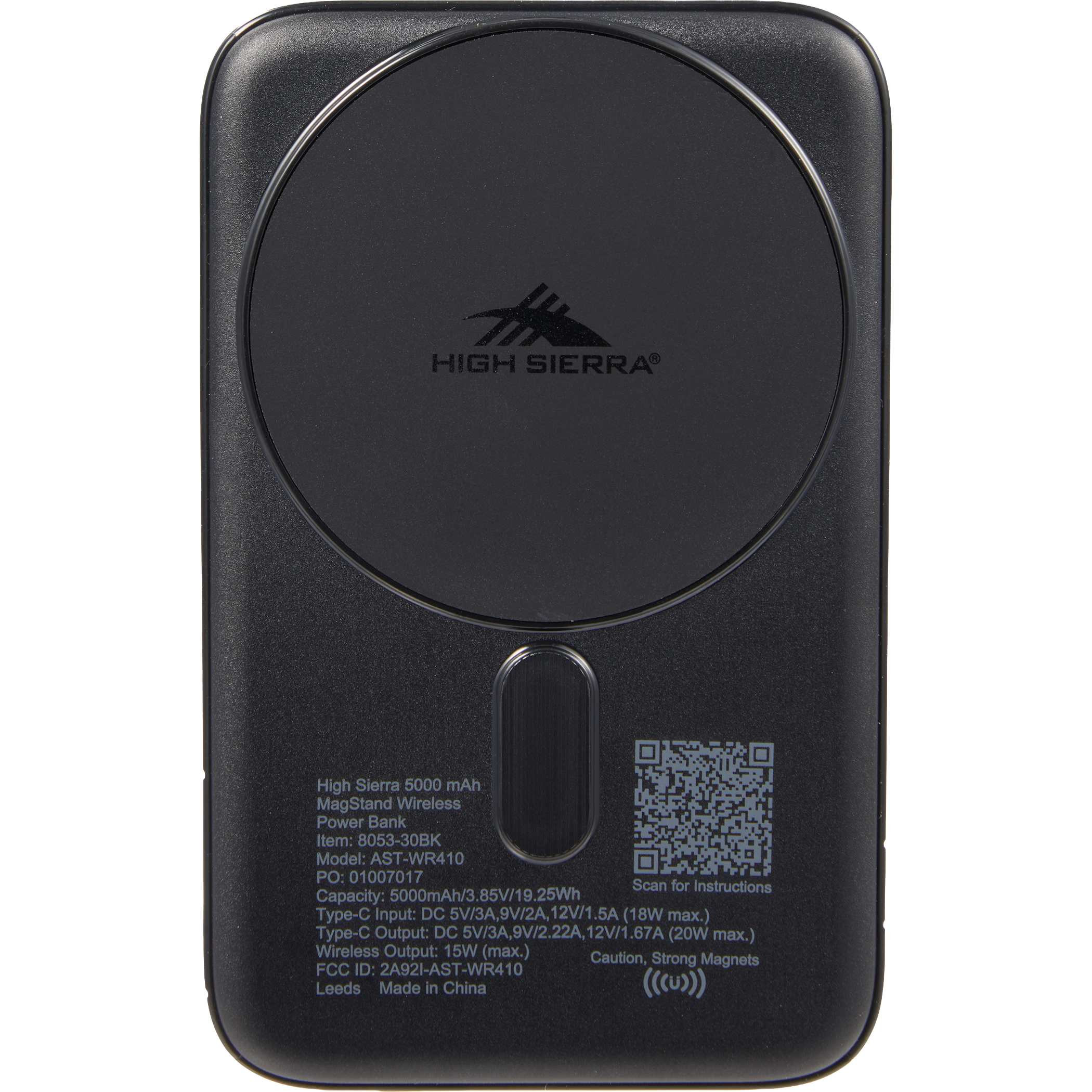 High Sierra MagStand 5,000 mAh Wireless Power Bank in black, featuring a slim design, MagSafe-compatible magnetic wireless charging, integrated kickstand, LED battery indicator, and USB-C port for portable phone charging.