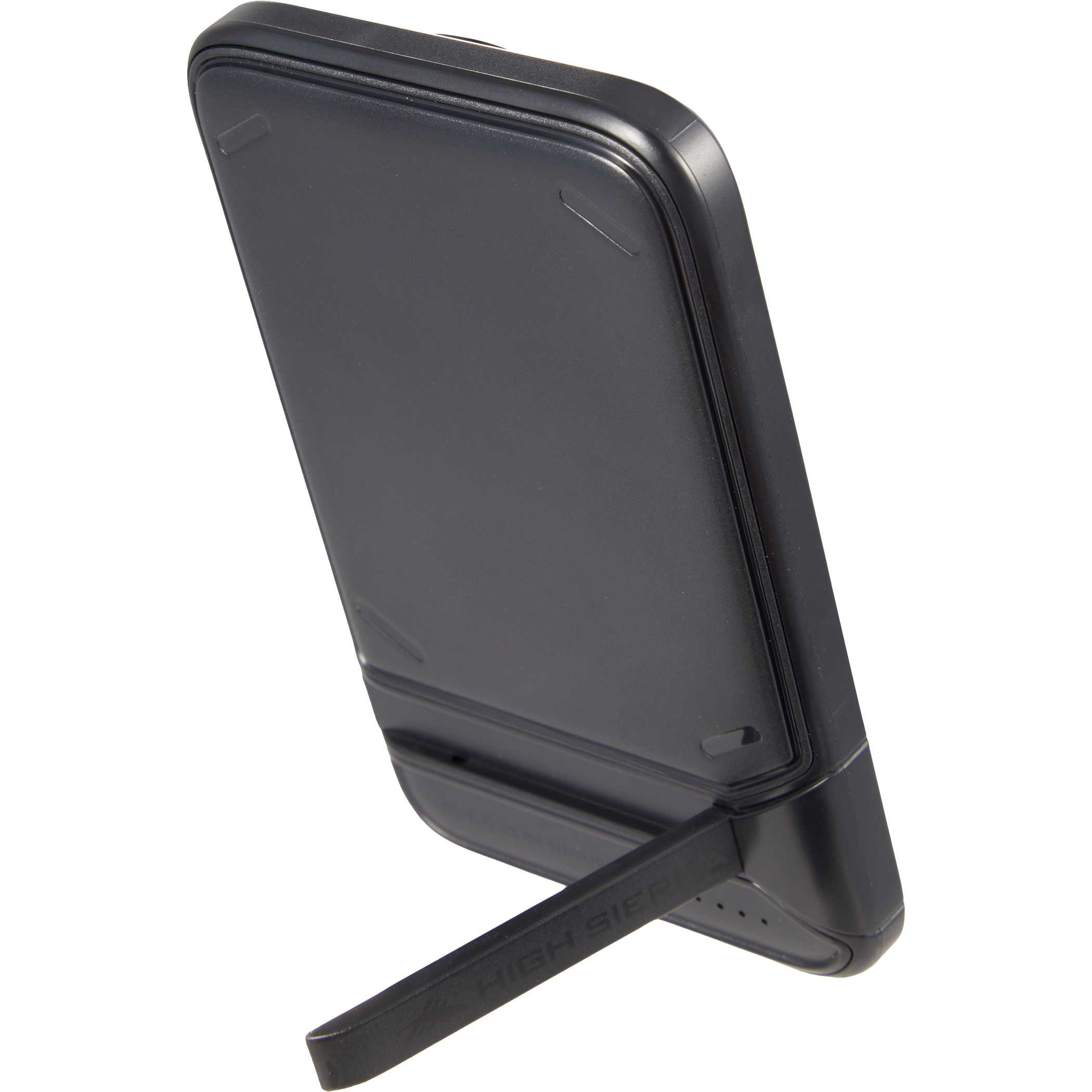 High Sierra MagStand 5,000 mAh Wireless Power Bank in black, featuring a slim design, MagSafe-compatible magnetic wireless charging, integrated kickstand, LED battery indicator, and USB-C port for portable phone charging.