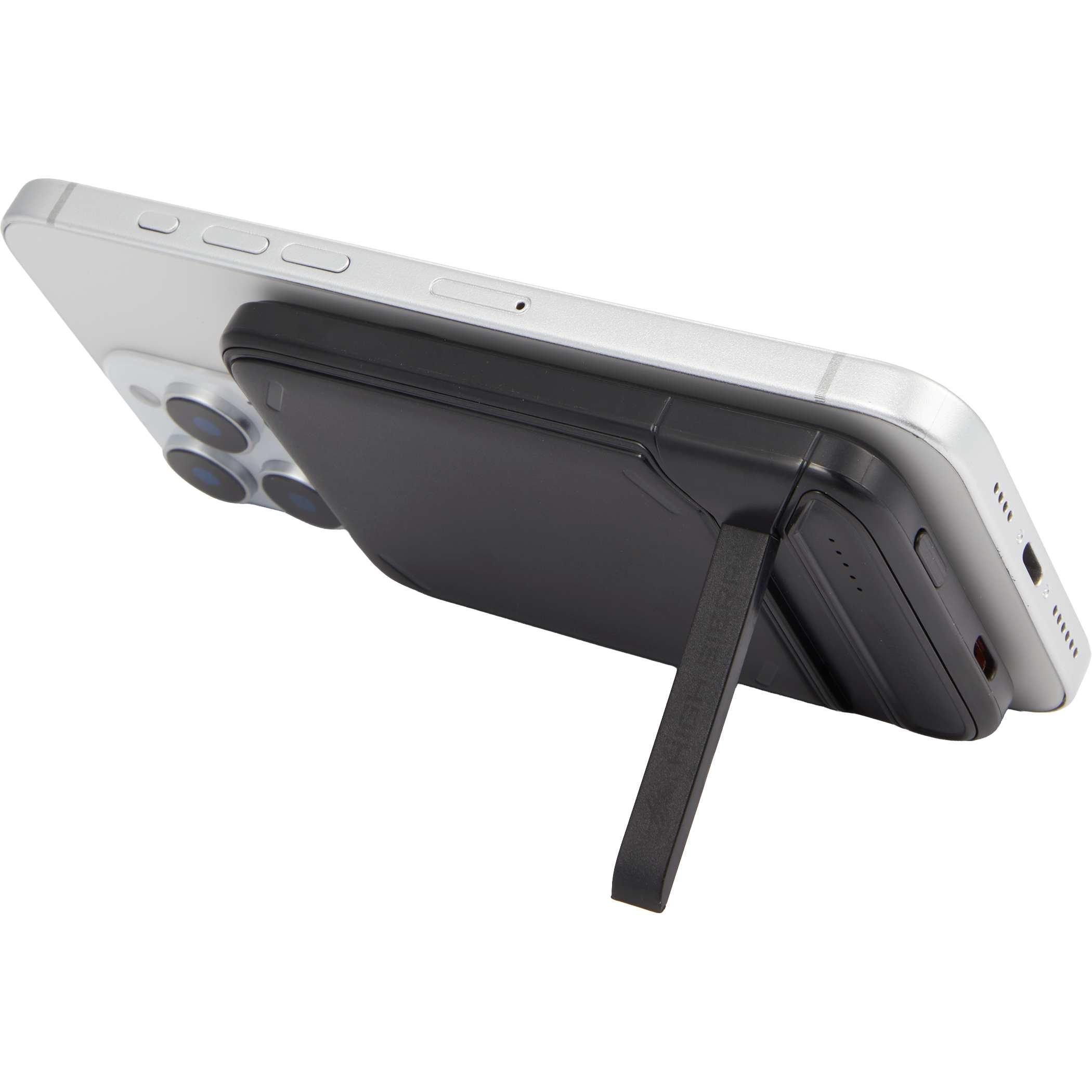 High Sierra MagStand 5,000 mAh Wireless Power Bank in black, featuring a slim design, MagSafe-compatible magnetic wireless charging, integrated kickstand, LED battery indicator, and USB-C port for portable phone charging.