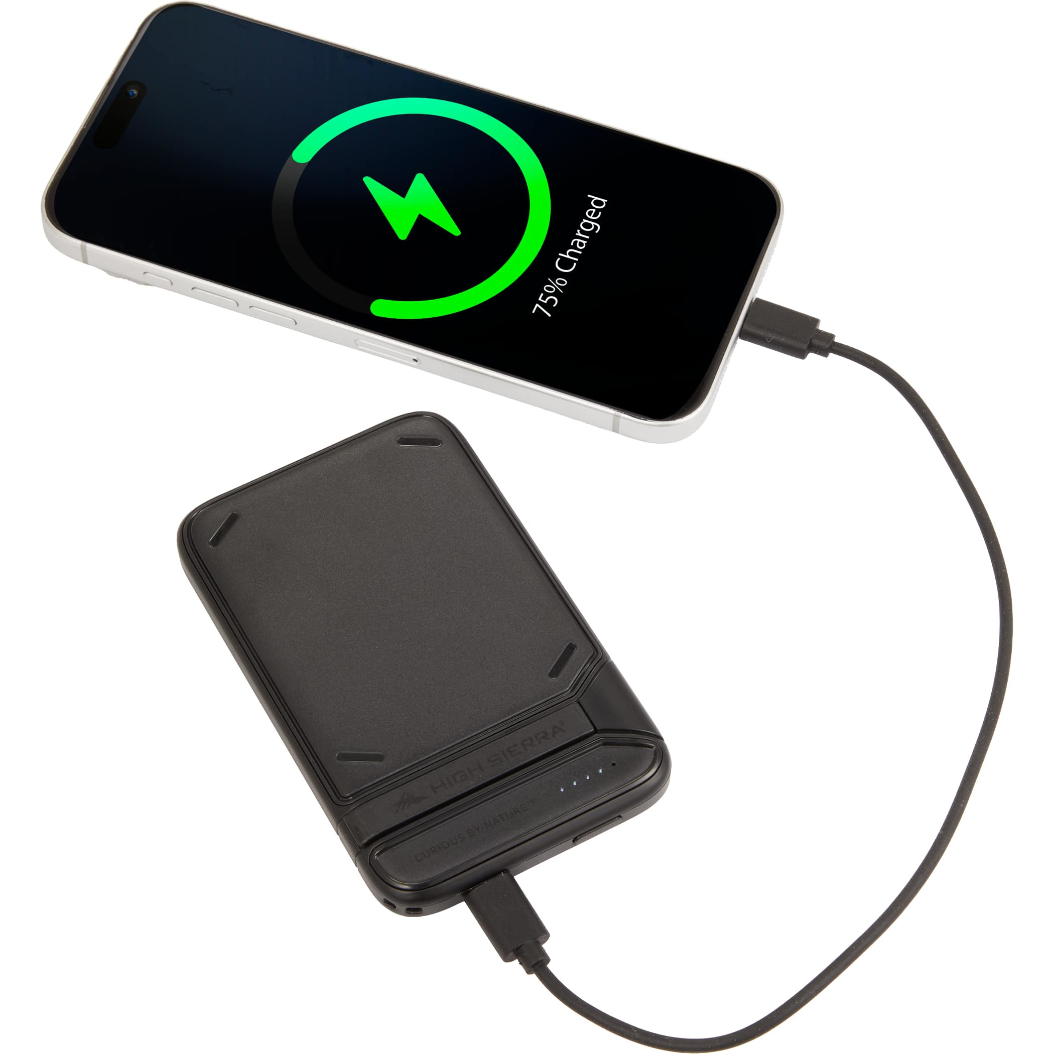 High Sierra MagStand 5,000 mAh Wireless Power Bank in black, featuring a slim design, MagSafe-compatible magnetic wireless charging, integrated kickstand, LED battery indicator, and USB-C port for portable phone charging.