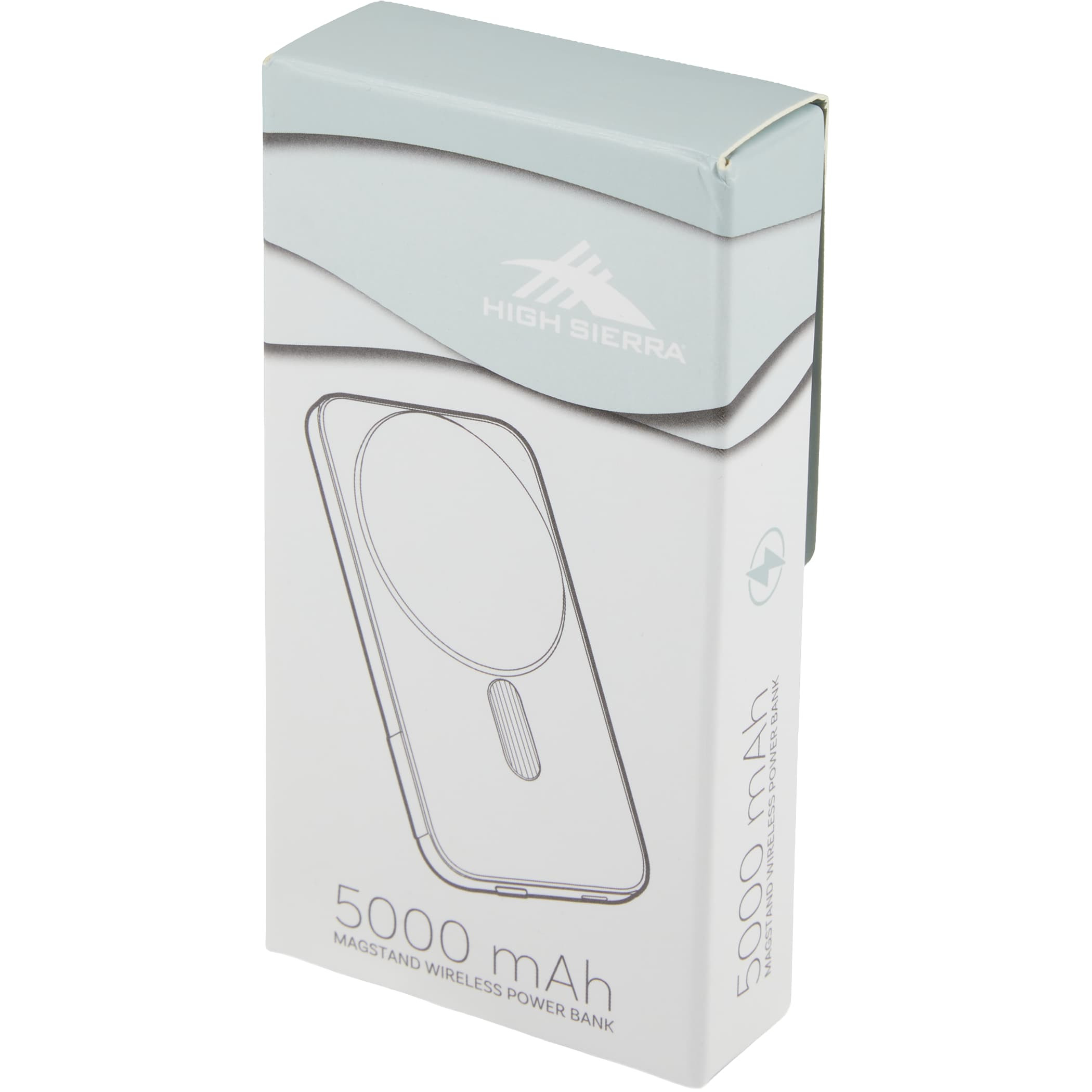 FSC® Certified Premium Giftbox of High Sierra MagStand 5,000 mAh Wireless Power Bank in black, featuring a slim design, MagSafe-compatible magnetic wireless charging, integrated kickstand, LED battery indicator, and USB-C port for portable phone charging.