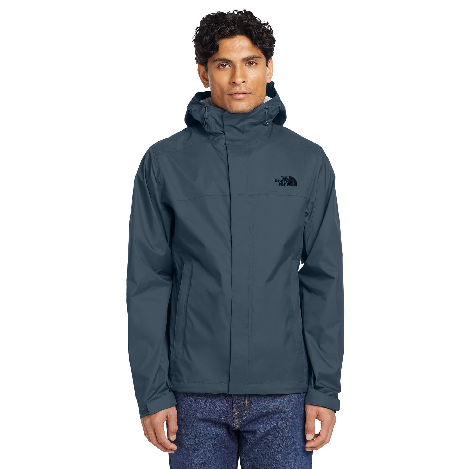 Shady Blue The North Face® DryVent Rain Jacket in a solid color, featuring a waterproof recycled nylon ripstop shell, adjustable hood, front zipper with storm flap, zippered hand pockets, pit-zip vents, and adjustable cuffs, designed for outdoor rain and wind protection.