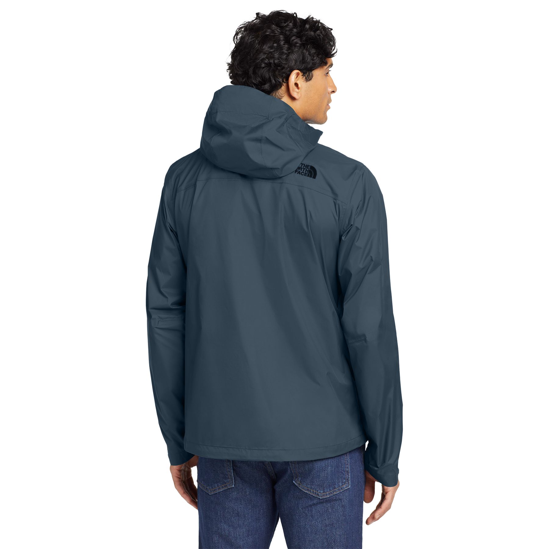 Shady Blue The North Face® DryVent Rain Jacket in a solid color, featuring a waterproof recycled nylon ripstop shell, adjustable hood, front zipper with storm flap, zippered hand pockets, pit-zip vents, and adjustable cuffs, designed for outdoor rain and wind protection.