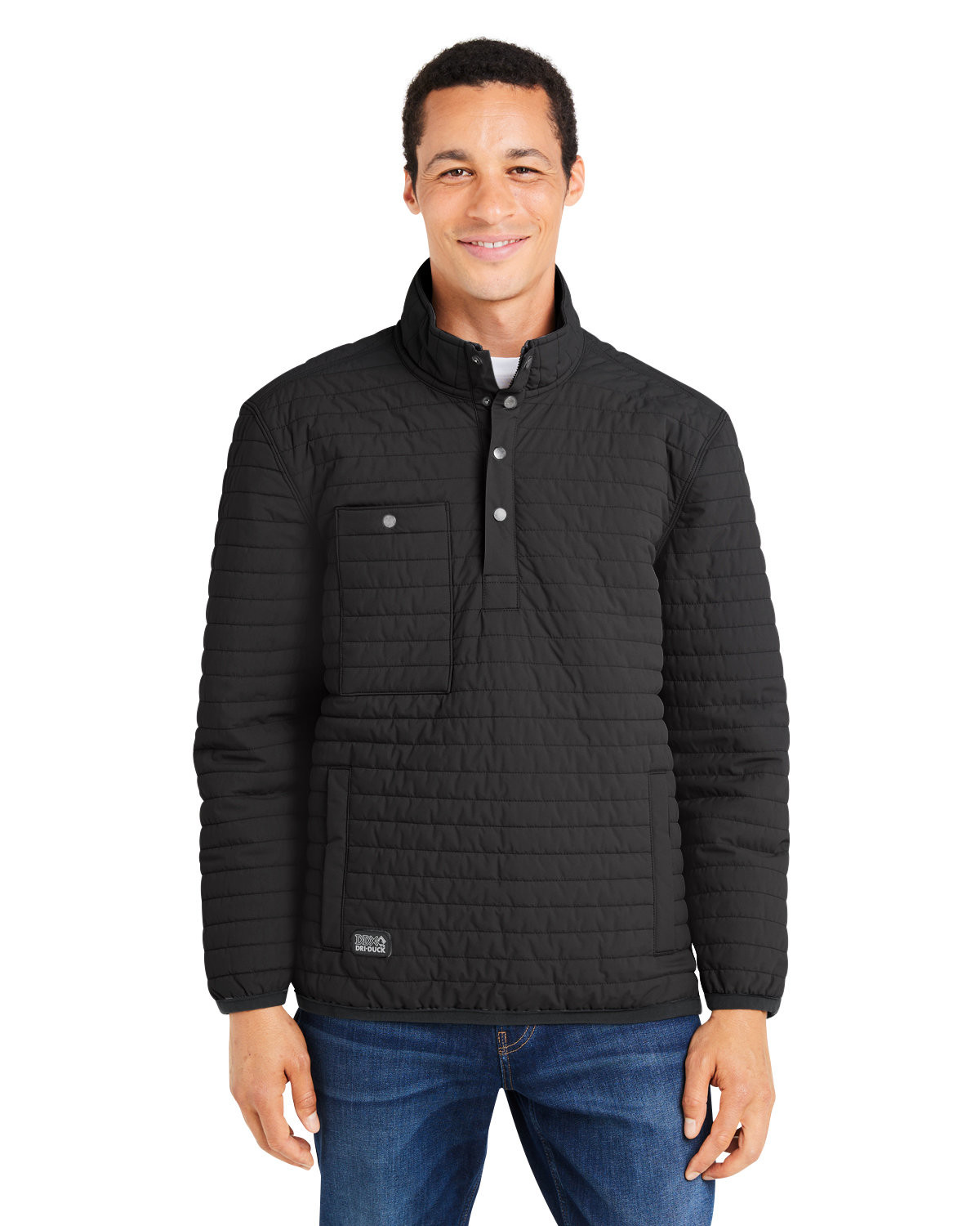 Insulated stretch jacket with channel quilting, light rain protection, four-way stretch, snap-and-zip placket, and multiple snap-closure pockets.