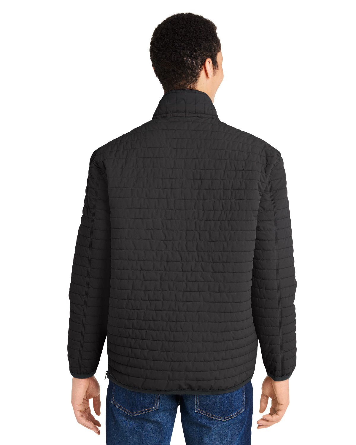 Insulated stretch jacket with channel quilting, light rain protection, four-way stretch, snap-and-zip placket, and multiple snap-closure pockets.