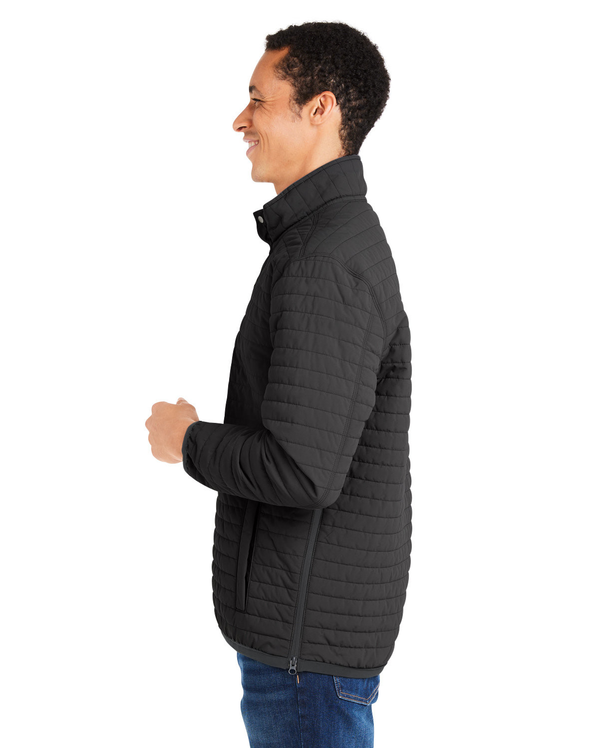 Insulated stretch jacket with channel quilting, light rain protection, four-way stretch, snap-and-zip placket, and multiple snap-closure pockets.
