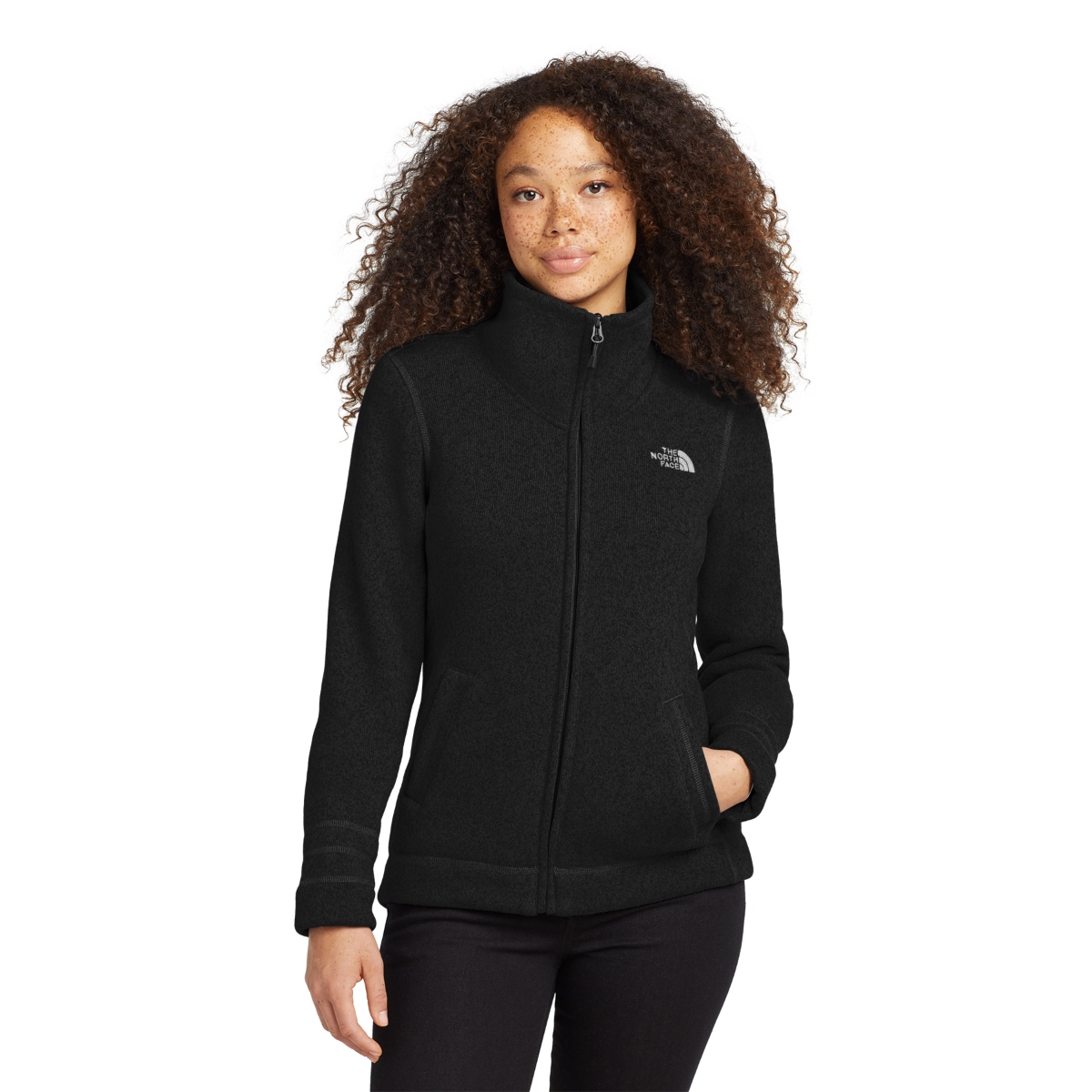 Heathered sweater-knit fleece jacket with a brushed interior, recycled polyester construction, reverse-coil zipper, open hand pockets, and contrast stitching details.