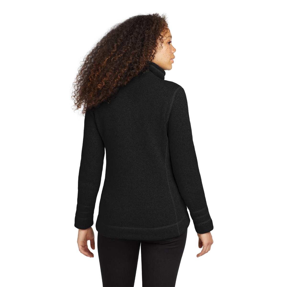 Heathered sweater-knit fleece jacket with a brushed interior, recycled polyester construction, reverse-coil zipper, open hand pockets, and contrast stitching details.