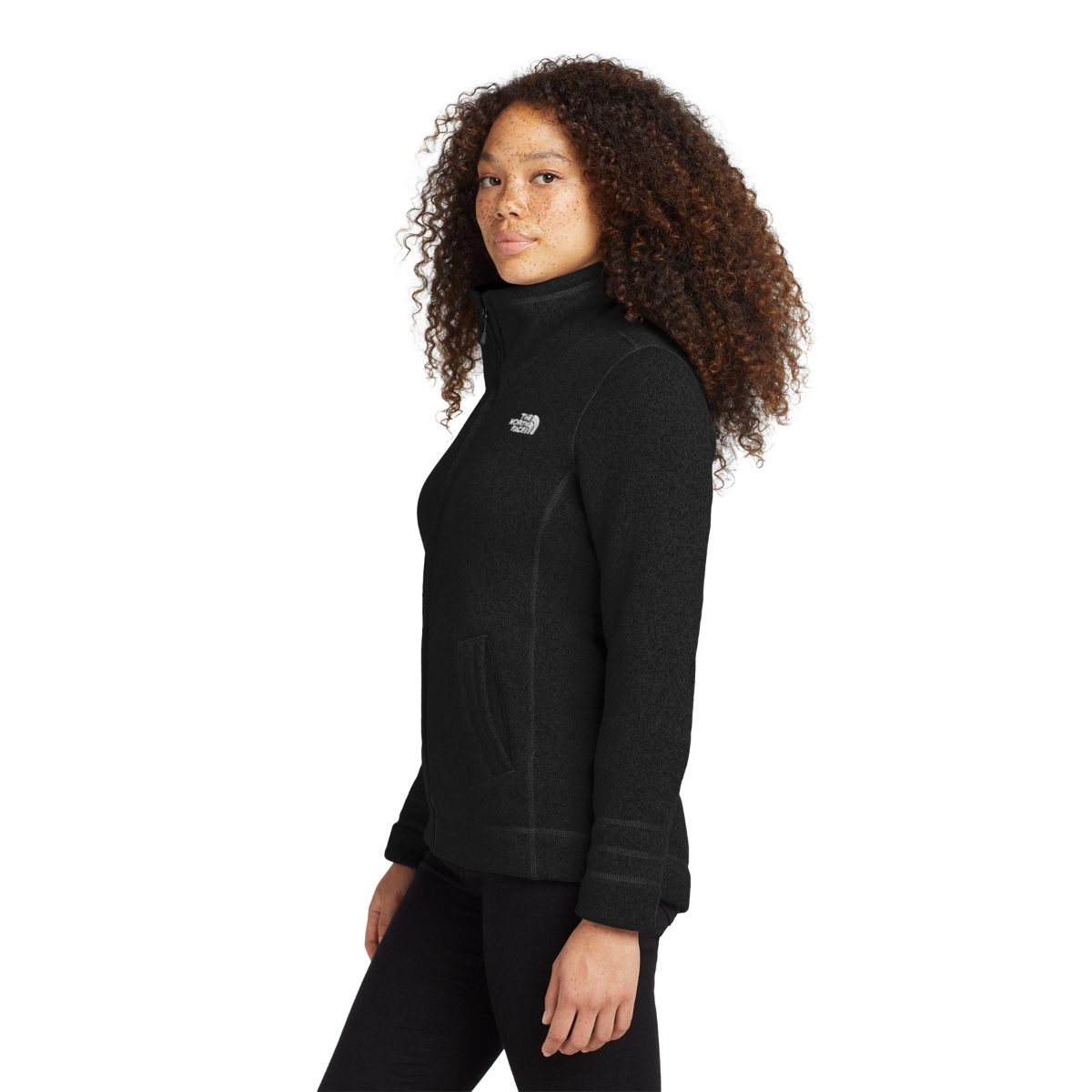 Heathered sweater-knit fleece jacket with a brushed interior, recycled polyester construction, reverse-coil zipper, open hand pockets, and contrast stitching details.
