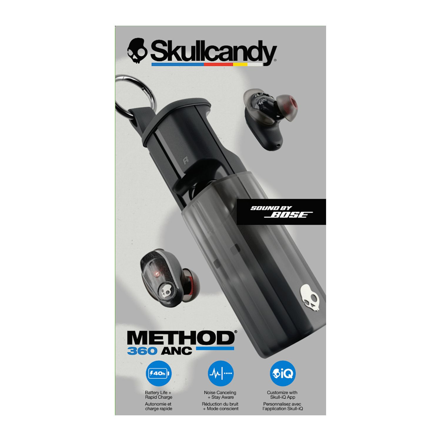 Black true wireless earbuds with Bose-tuned sound, active noise canceling, Bluetooth 5.3 connectivity, and a portable case with integrated carabiner clip.