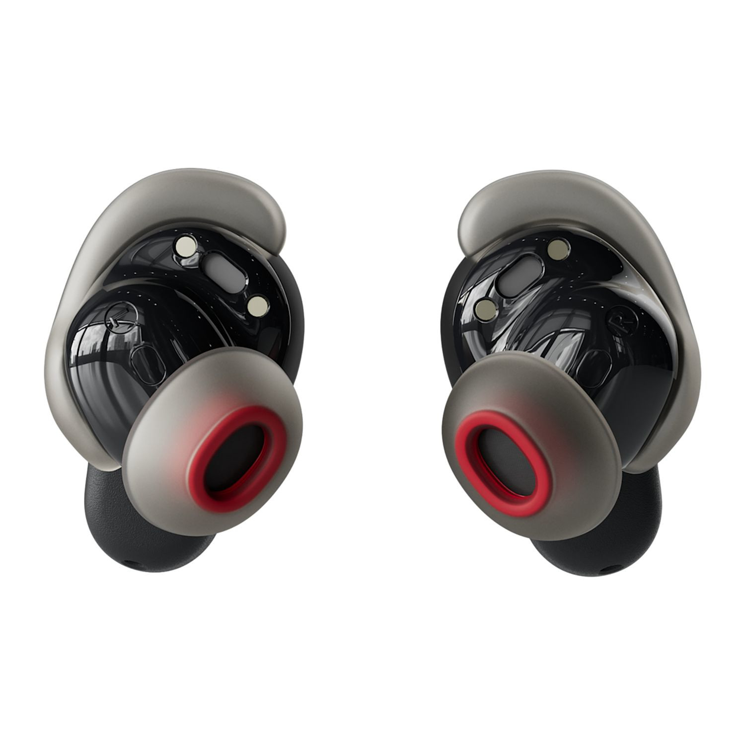 Black true wireless earbuds with Bose-tuned sound, active noise canceling, Bluetooth 5.3 connectivity, and a portable case with integrated carabiner clip.
