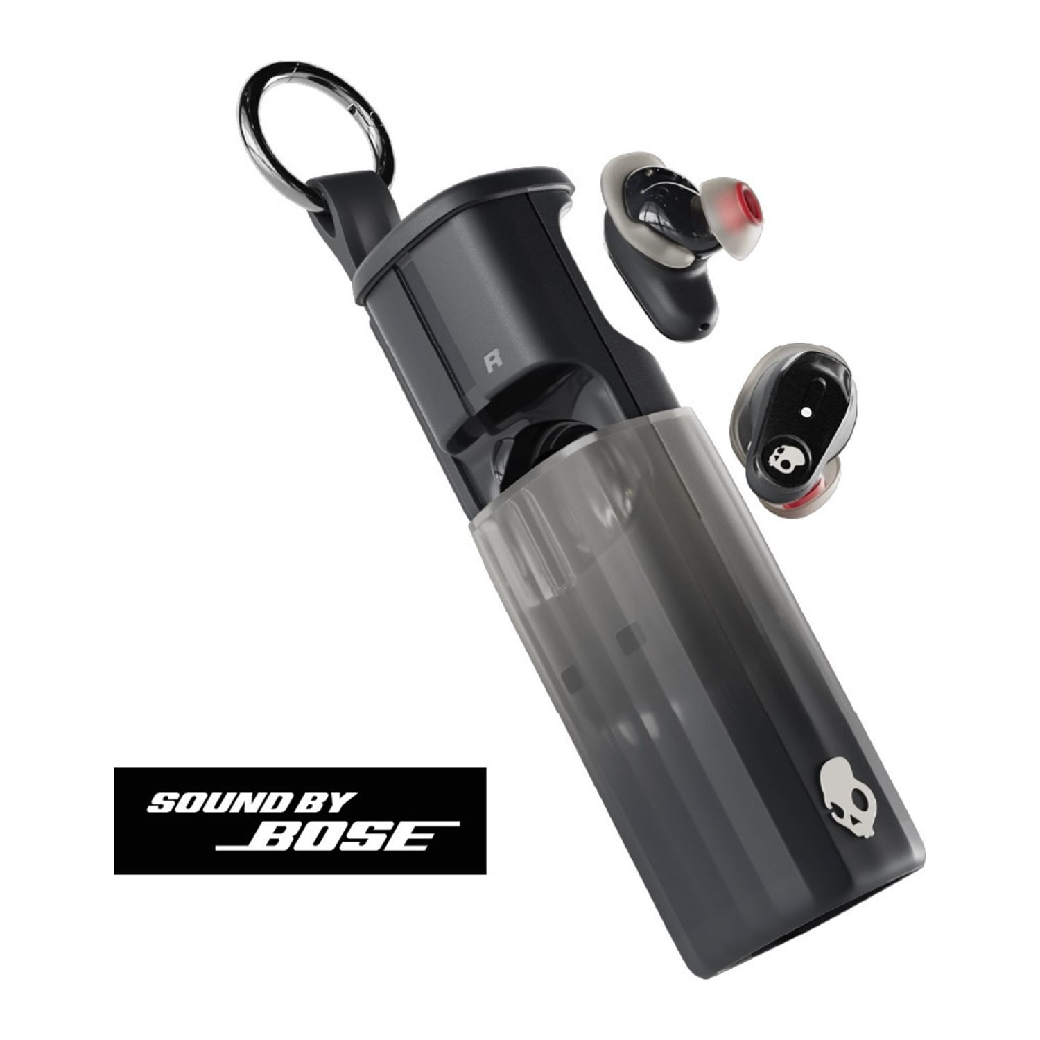 Black true wireless earbuds with Bose-tuned sound, active noise canceling, Bluetooth 5.3 connectivity, and a portable case with integrated carabiner clip.