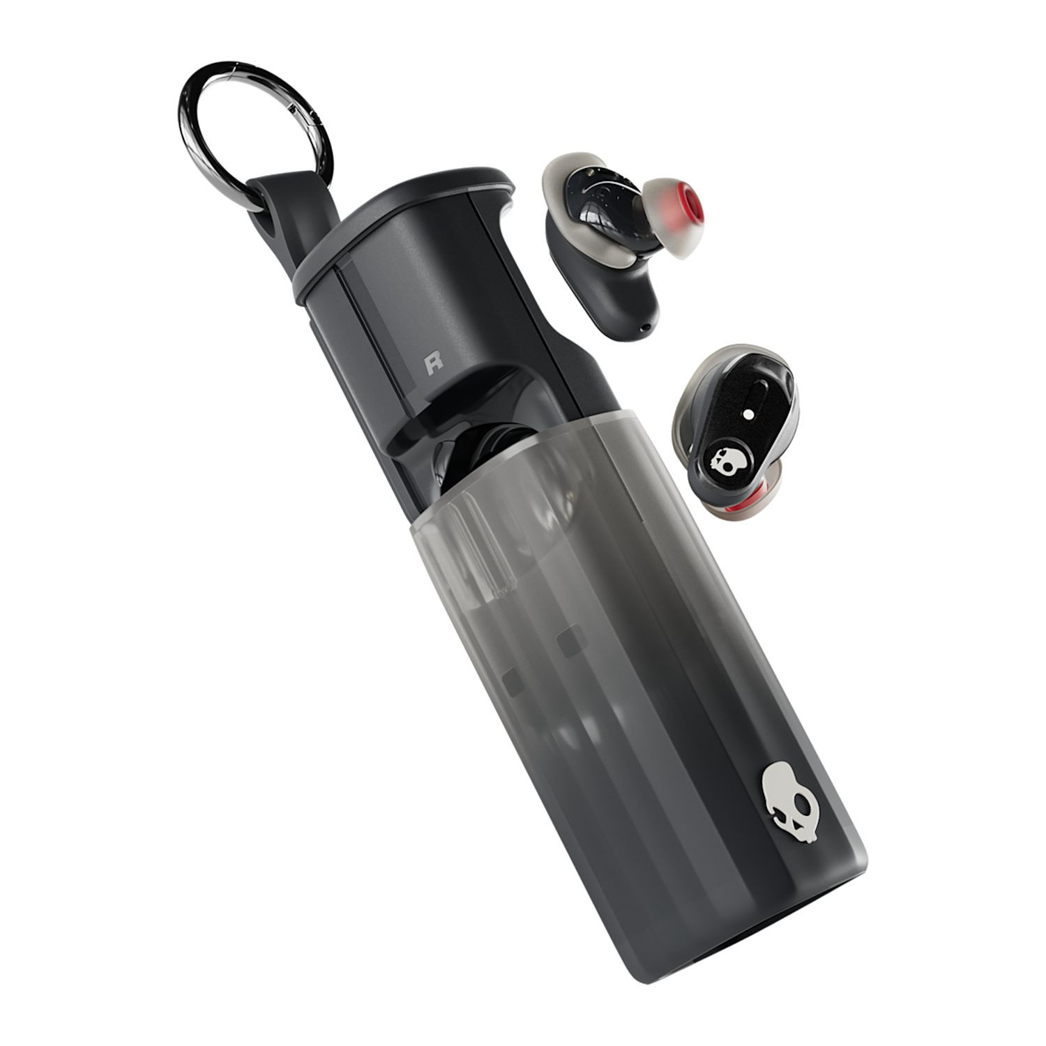 Black true wireless earbuds with Bose-tuned sound, active noise canceling, Bluetooth 5.3 connectivity, and a portable case with integrated carabiner clip.
