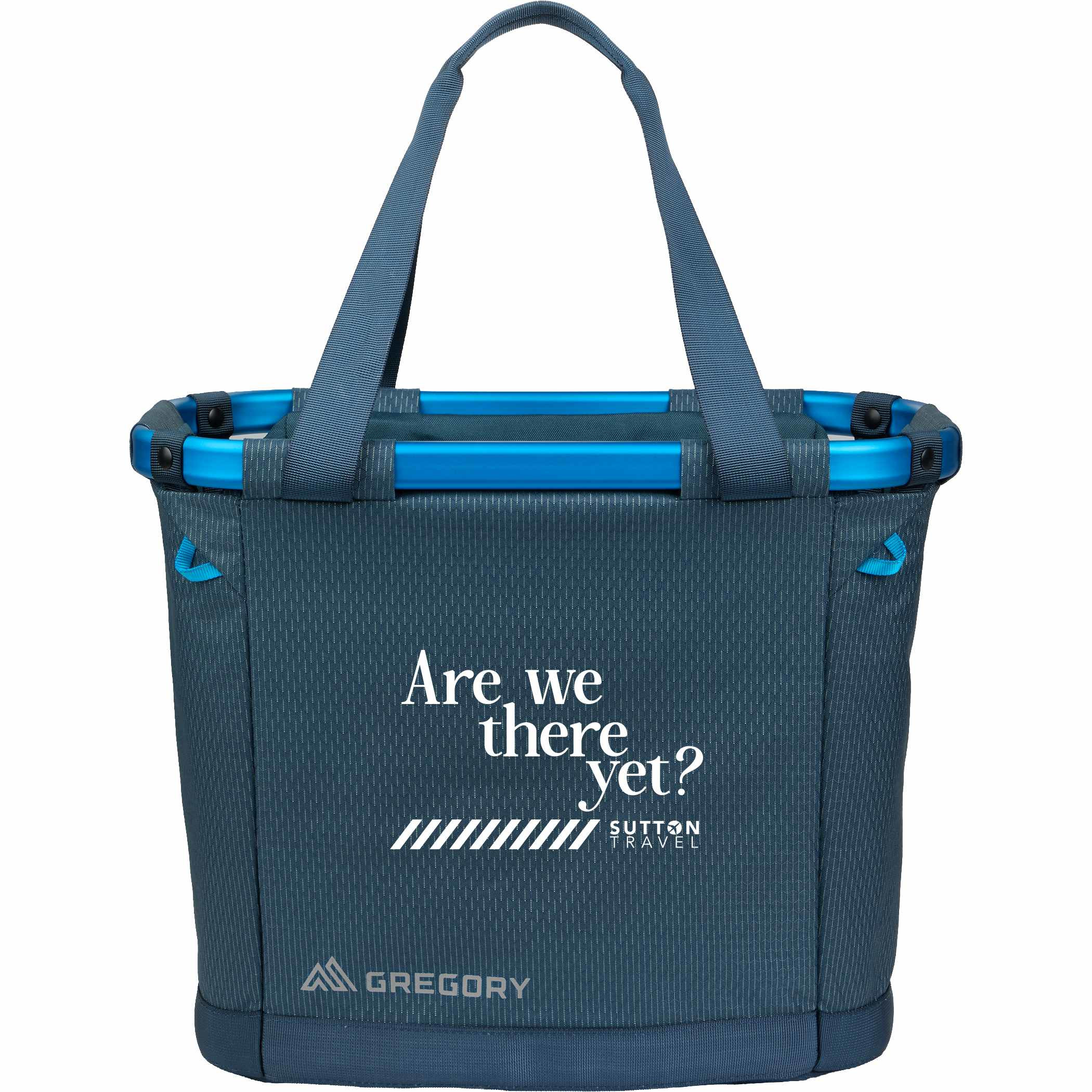 Blue Gregory Alpaca 30L Gear Tote in durable recycled polyester, featuring a structured collapsible design, padded bottom, zippered interior pocket, reflective gear loops, and carry handles for camping, travel, and gear storage.