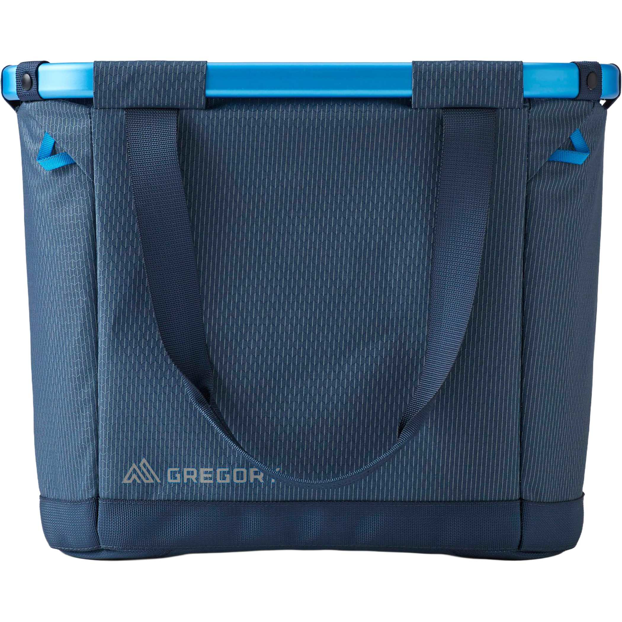 Blue Gregory Alpaca 30L Gear Tote in durable recycled polyester, featuring a structured collapsible design, padded bottom, zippered interior pocket, reflective gear loops, and carry handles for camping, travel, and gear storage.