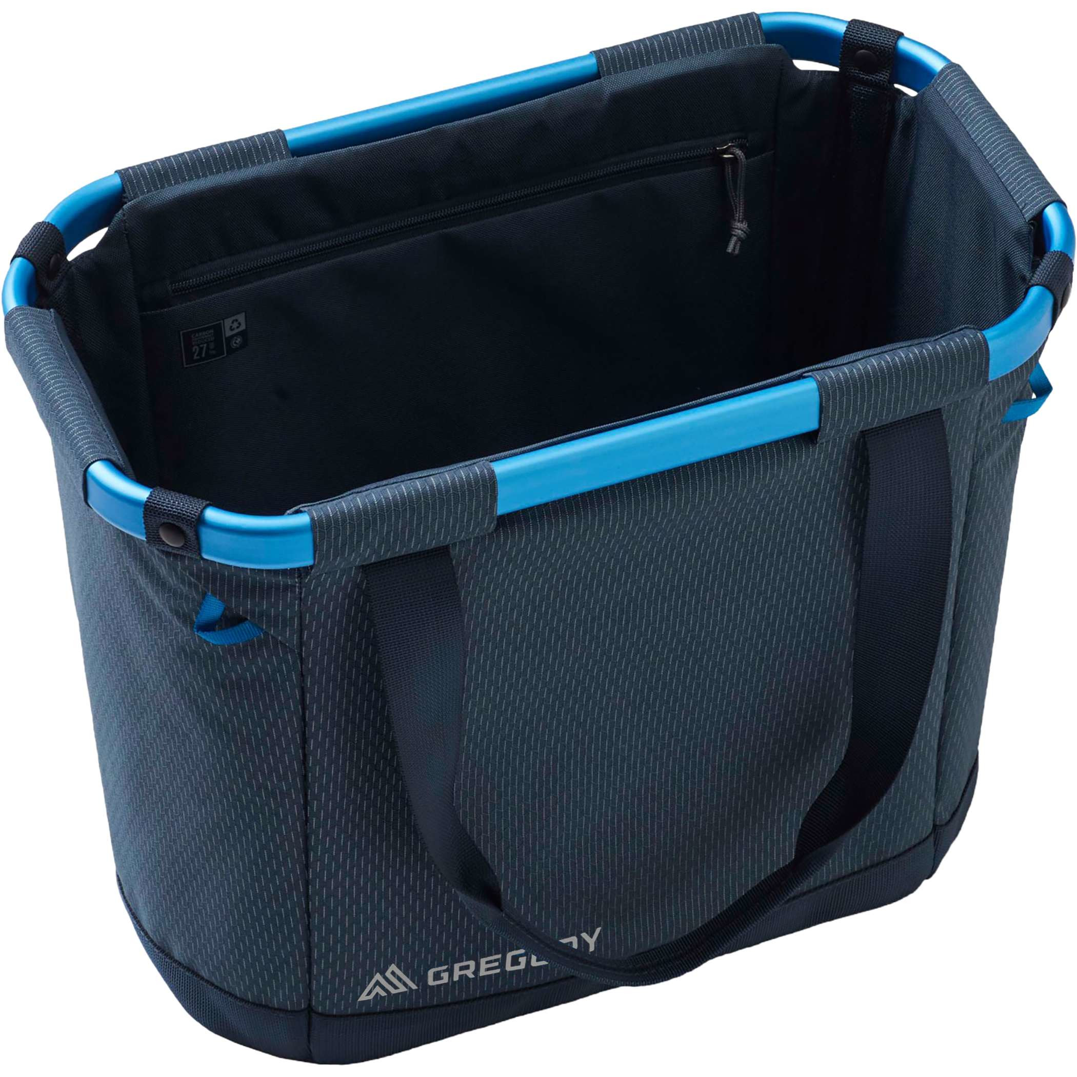 Blue Gregory Alpaca 30L Gear Tote in durable recycled polyester, featuring a structured collapsible design, padded bottom, zippered interior pocket, reflective gear loops, and carry handles for camping, travel, and gear storage.