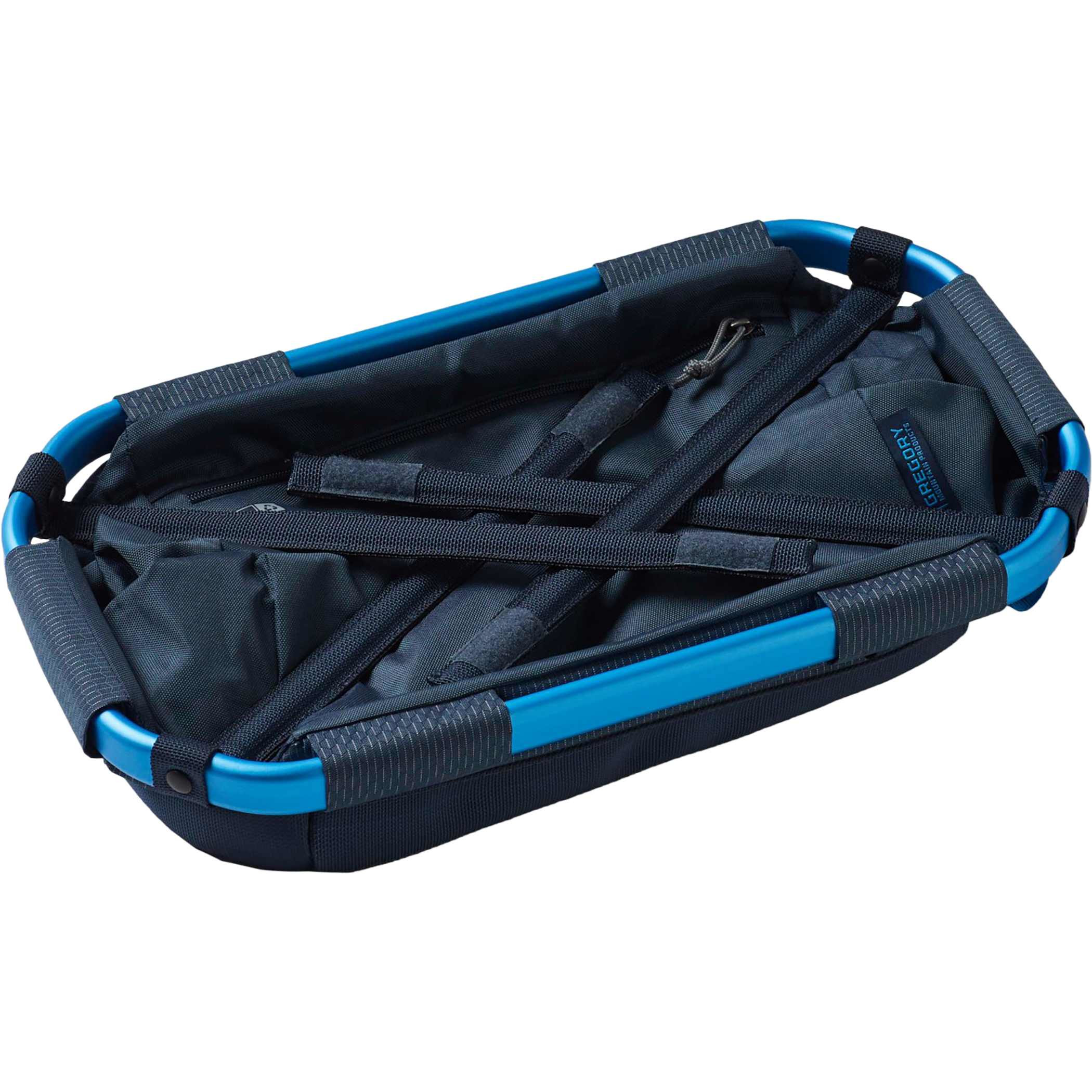 Blue Gregory Alpaca 30L Gear Tote in durable recycled polyester, featuring a structured collapsible design, padded bottom, zippered interior pocket, reflective gear loops, and carry handles for camping, travel, and gear storage.