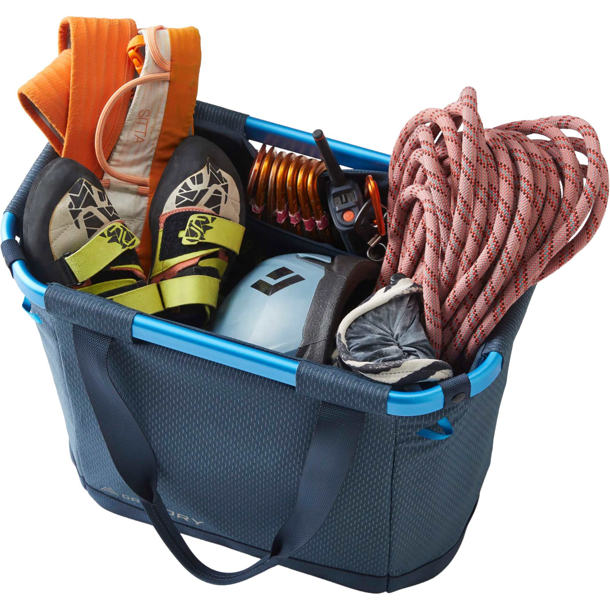 Blue Gregory Alpaca 30L Gear Tote in durable recycled polyester, featuring a structured collapsible design, padded bottom, zippered interior pocket, reflective gear loops, and carry handles for camping, travel, and gear storage.