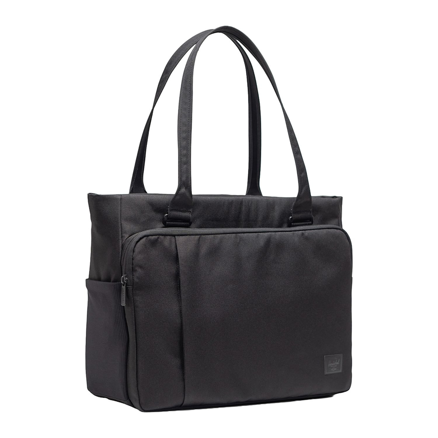 Black recycled 600D polyester tech tote with padded laptop sleeve, water bottle pockets, luggage trolley sleeve, and organized compartments for travel.