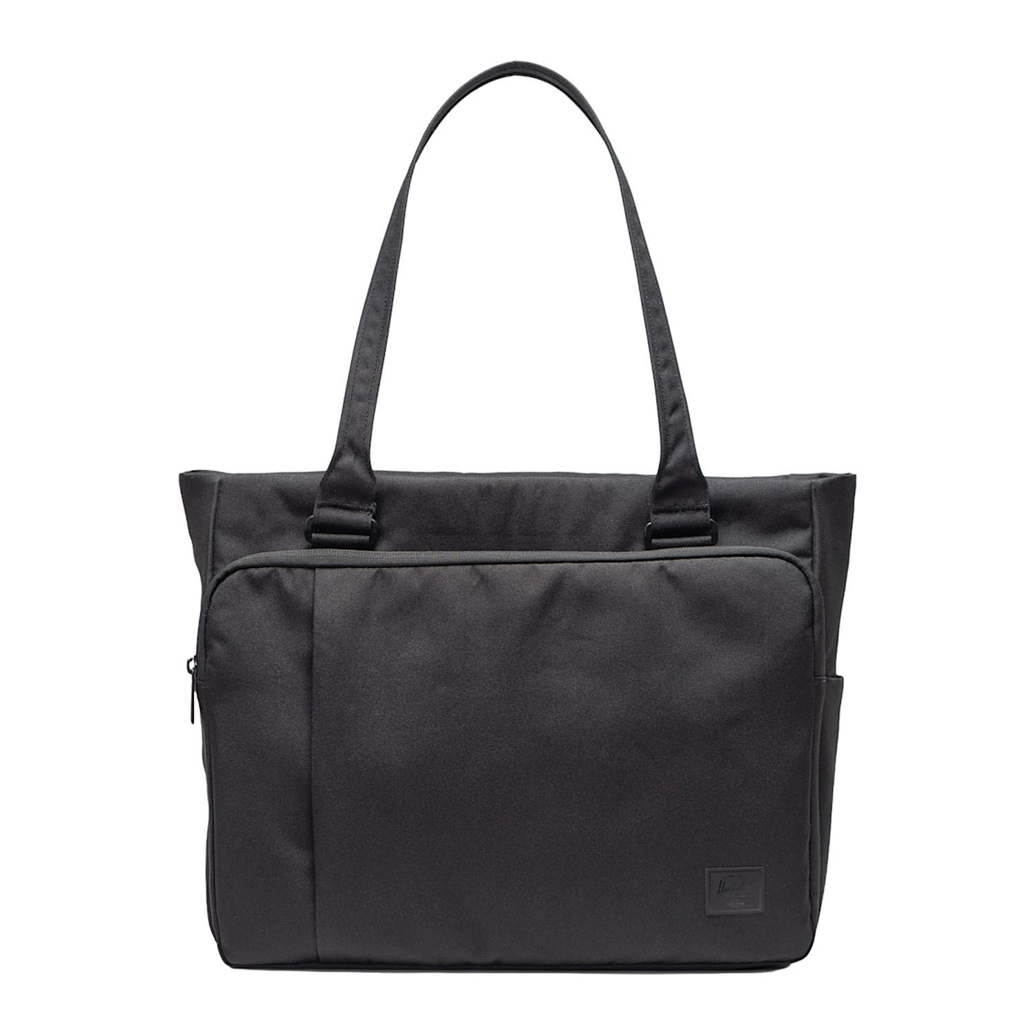 Black recycled 600D polyester tech tote with padded laptop sleeve, water bottle pockets, luggage trolley sleeve, and organized compartments for travel.