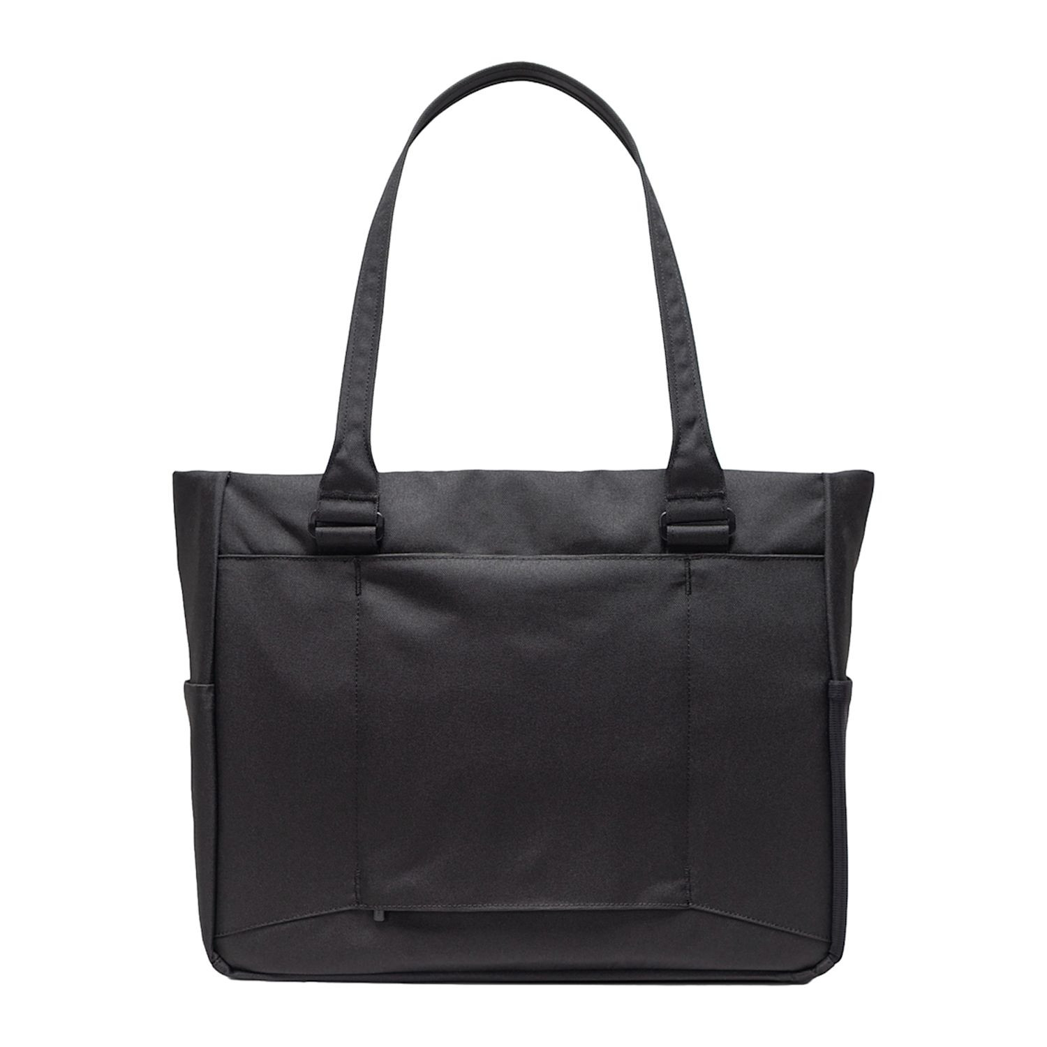 Black recycled 600D polyester tech tote with padded laptop sleeve, water bottle pockets, luggage trolley sleeve, and organized compartments for travel.