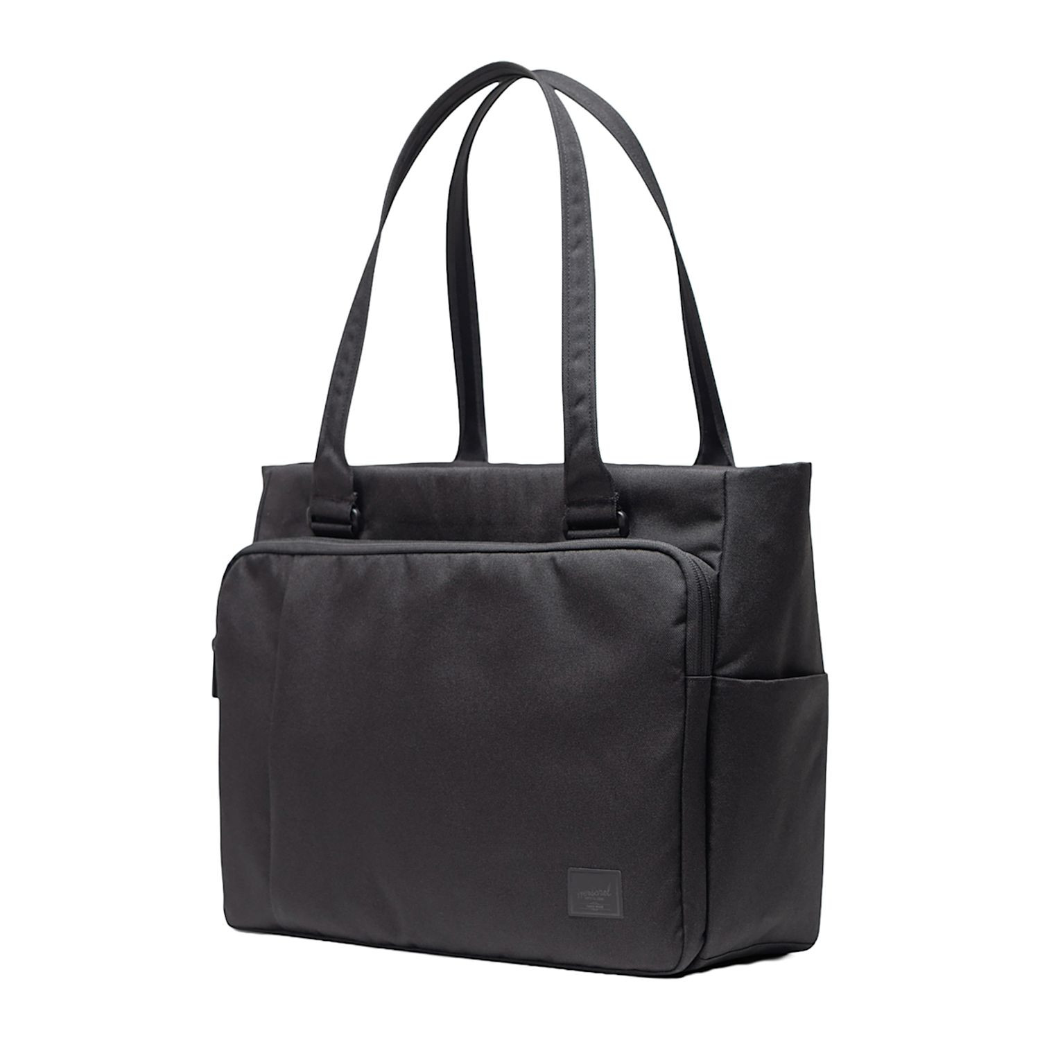Black recycled 600D polyester tech tote with padded laptop sleeve, water bottle pockets, luggage trolley sleeve, and organized compartments for travel.