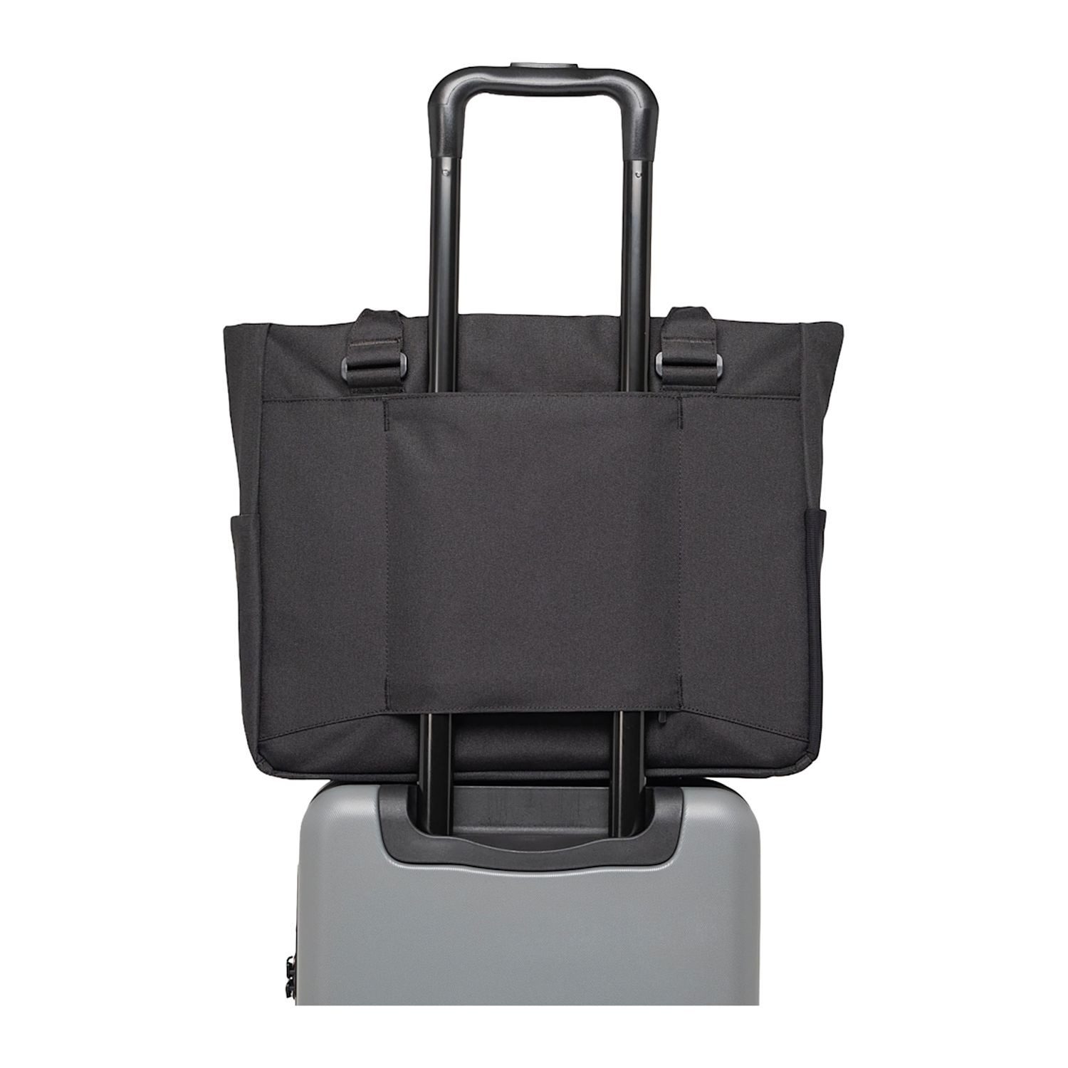 Black recycled 600D polyester tech tote with padded laptop sleeve, water bottle pockets, luggage trolley sleeve, and organized compartments for travel.