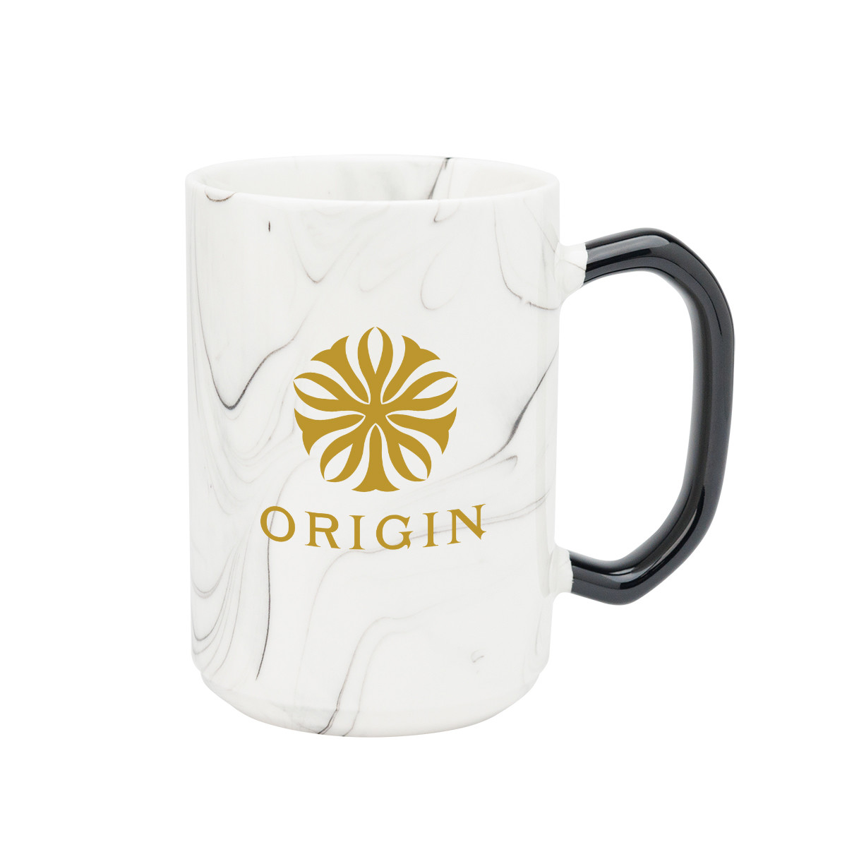 White/Black 15 oz. Marble Finish Ceramic Mug with a unique handcrafted marble-inspired finish, designed for coffee, tea, and other beverages.