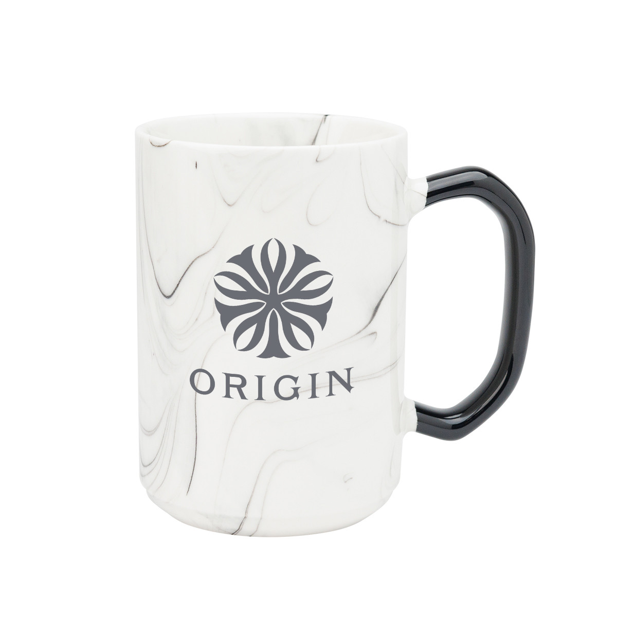 White/Black 15 oz. Marble Finish Ceramic Mug with a unique handcrafted marble-inspired finish, designed for coffee, tea, and other beverages.