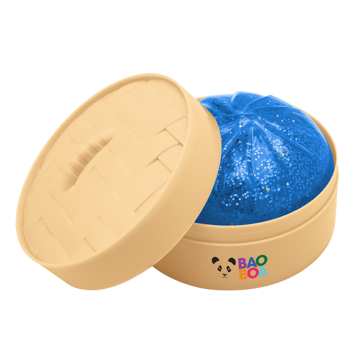 Glitter Blue Dumpling-shaped sensory stress reliever with flexible TPE, recycled ABS steamer basket, slow-rising design, and soothing squeeze-and-stretch action.