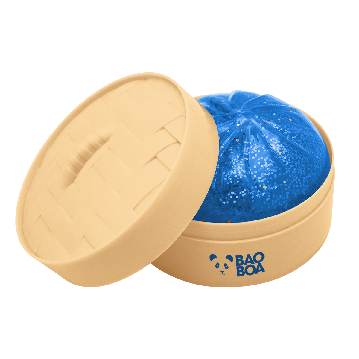 Glitter Blue Dumpling-shaped sensory stress reliever with flexible TPE, recycled ABS steamer basket, slow-rising design, and soothing squeeze-and-stretch action.
