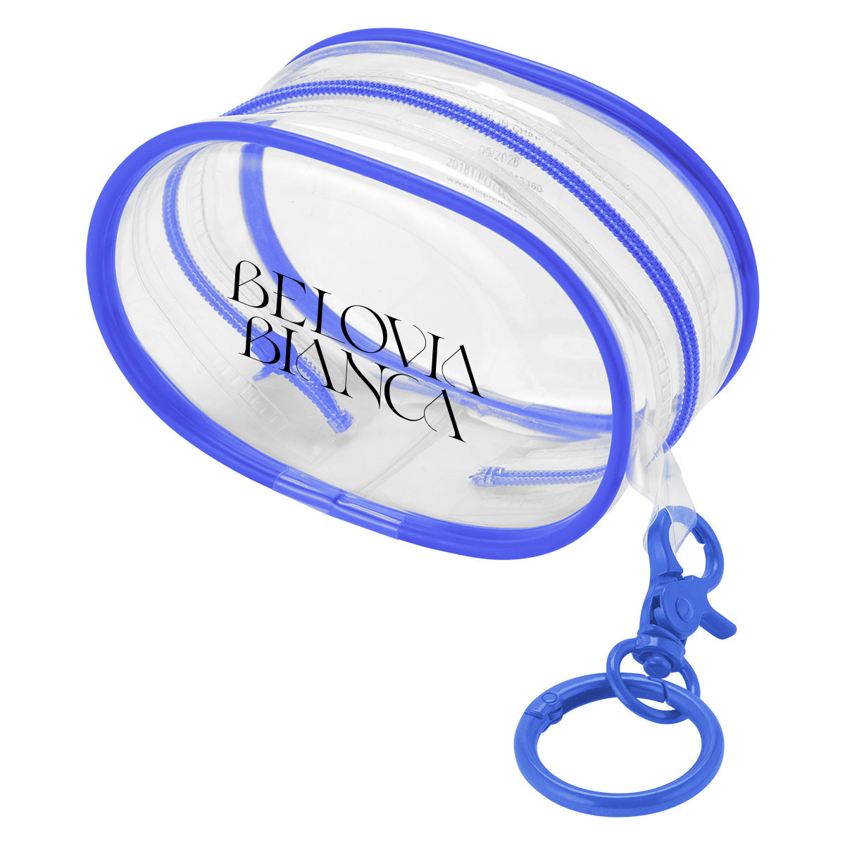 Clear EVA mini pouch bag charm with royal blue accents, zippered main compartment, round carabiner, and swivel lobster claw attachment for carrying small essentials.